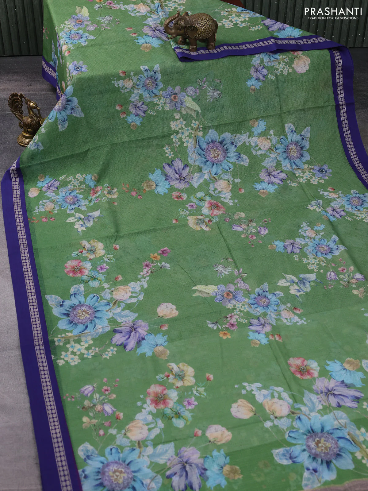 Kota silk cotton saree green and blue with allover floral digital prints and thread woven border - Image 2