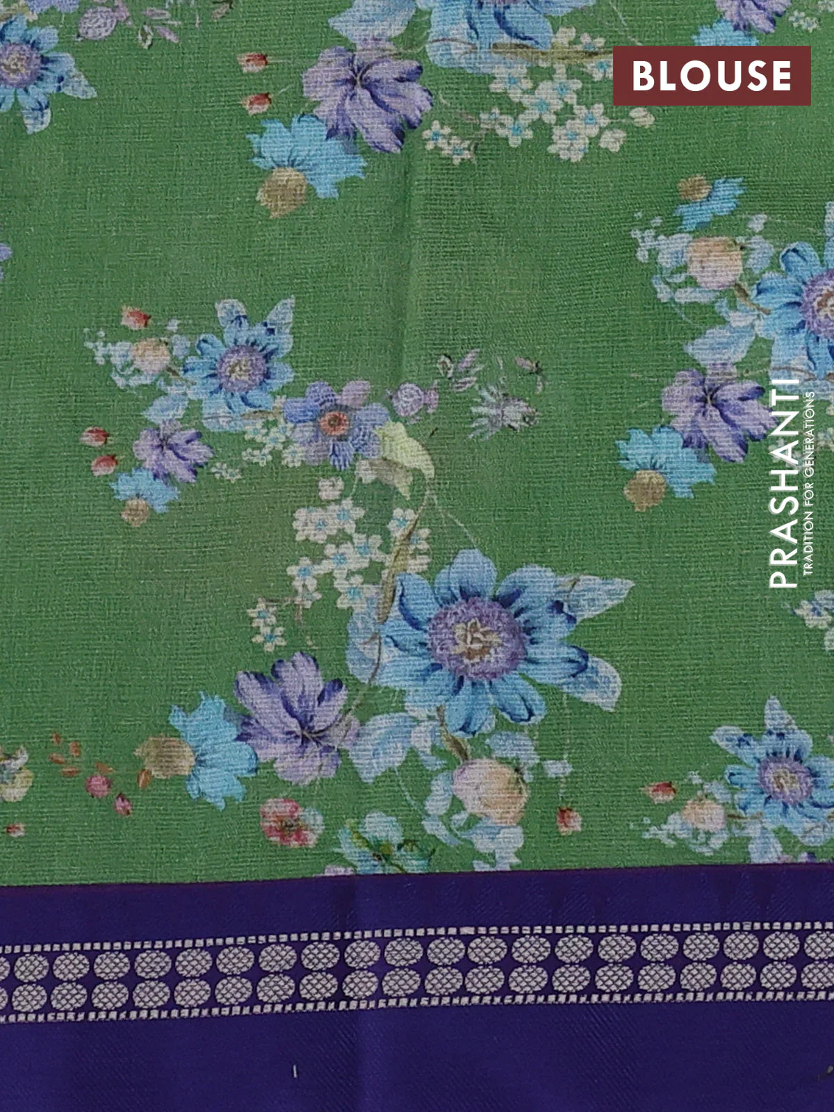Kota silk cotton saree green and blue with allover floral digital prints and thread woven border - Image 3
