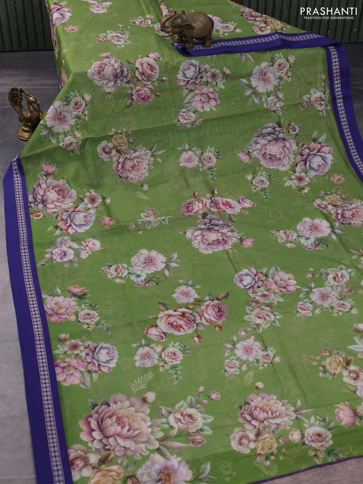 Kota silk cotton saree green and blue with allover floral digital prints and thread woven border - Image 2