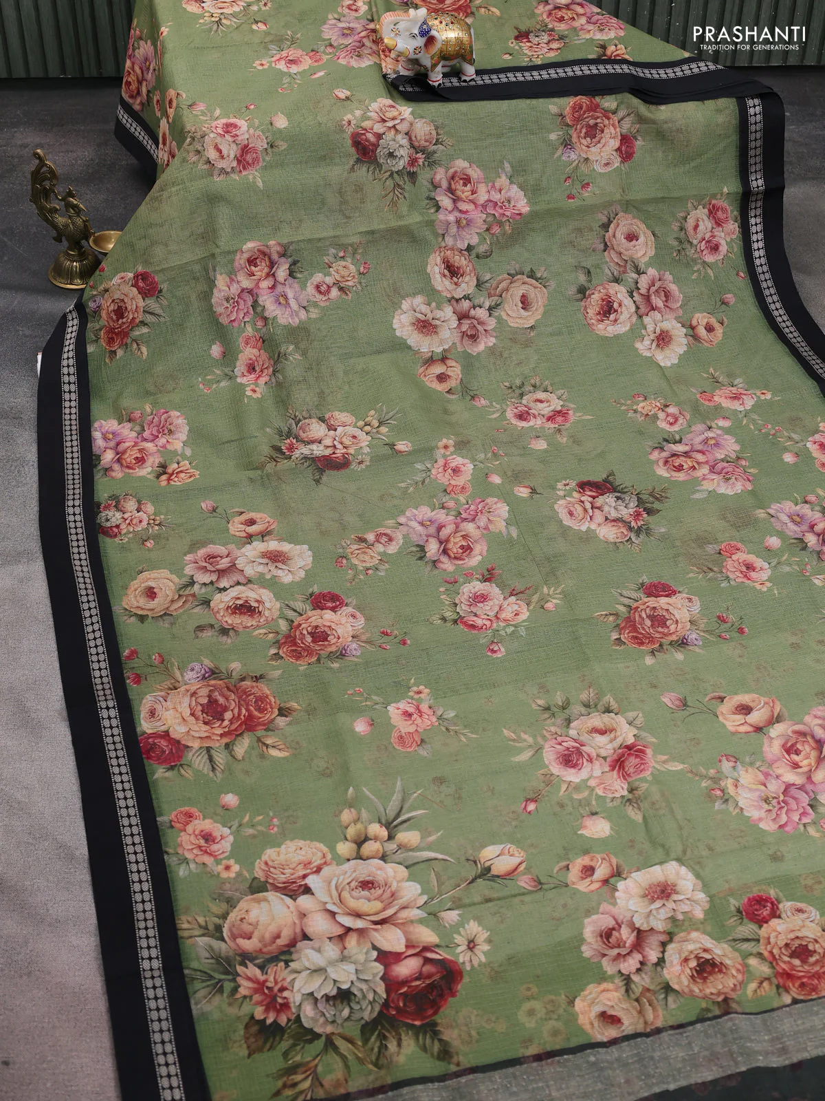 Kota silk cotton saree green shade and black with allover floral digital prints and thread woven border - Image 2