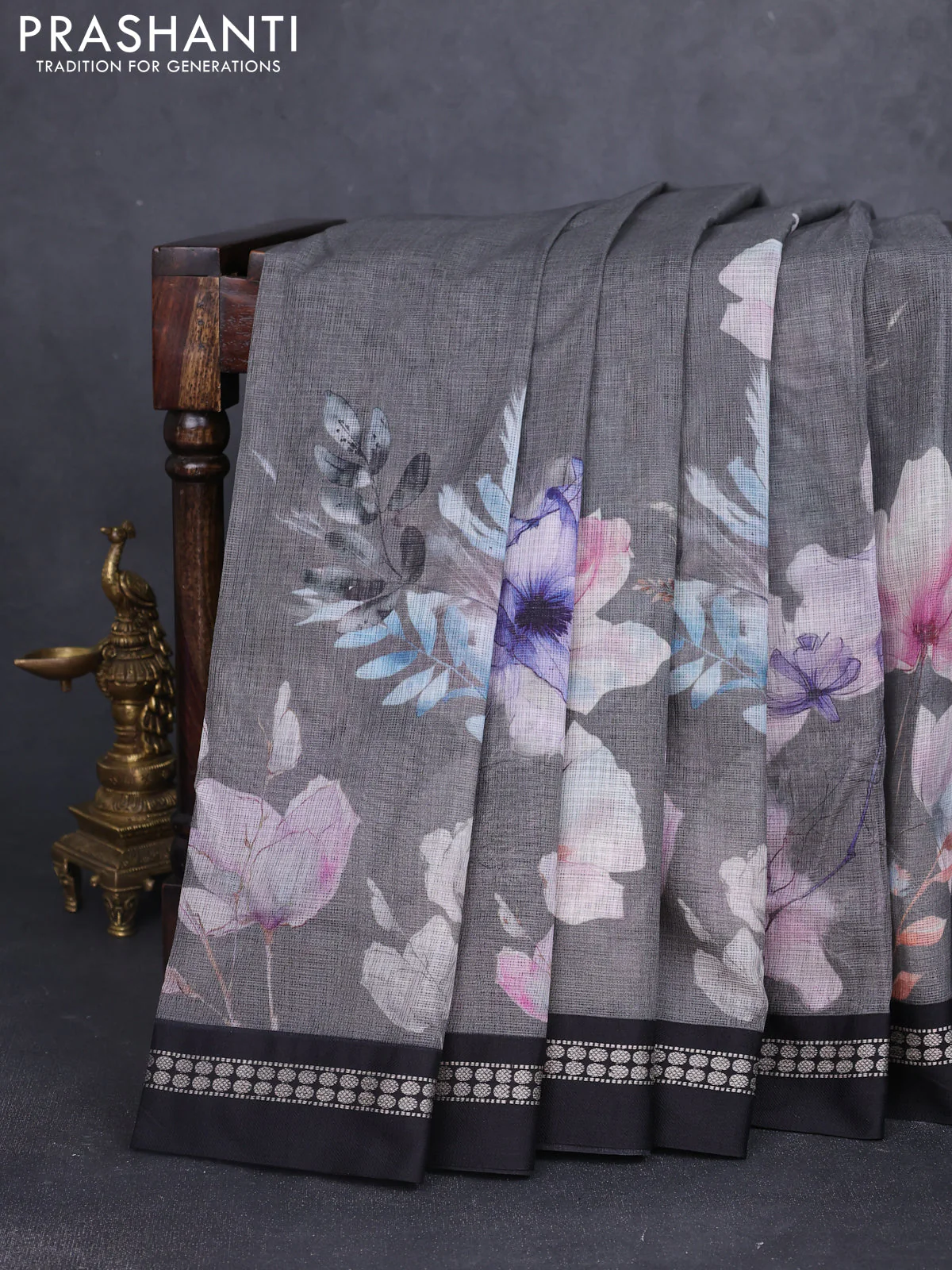 Kota silk cotton saree grey and black with allover floral digital prints and thread woven border