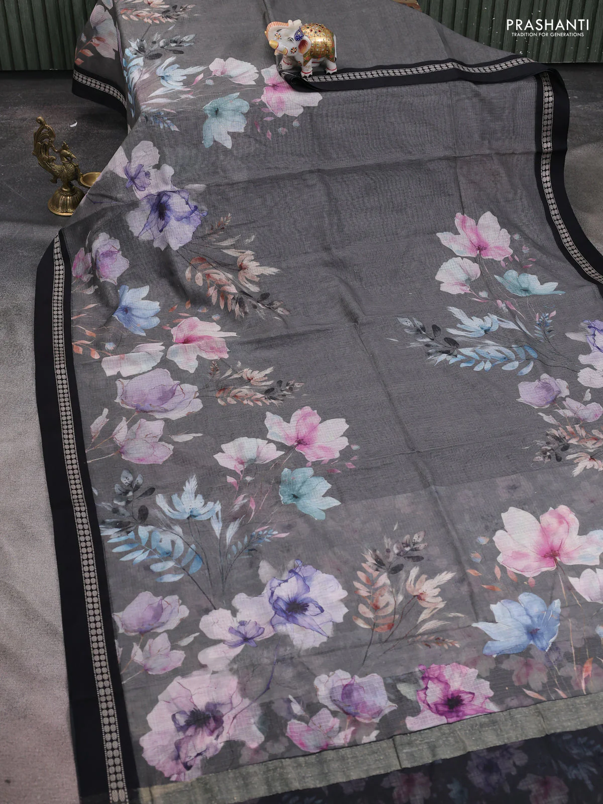 Kota silk cotton saree grey and black with allover floral digital prints and thread woven border - Image 2