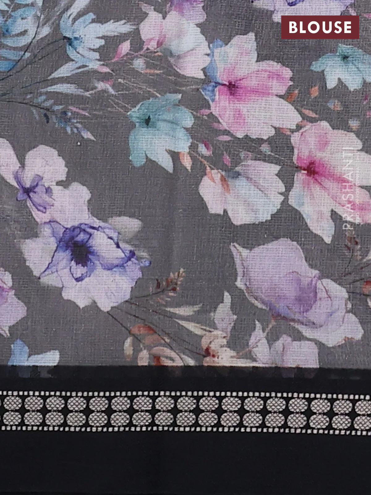 Kota silk cotton saree grey and black with allover floral digital prints and thread woven border - Image 3