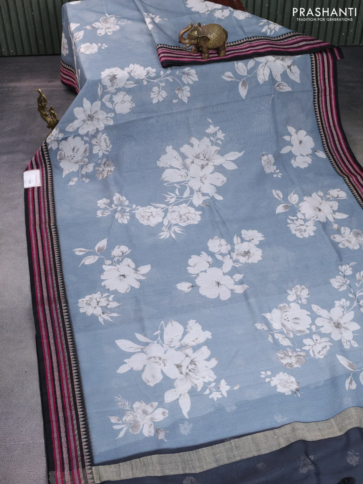 Kota silk cotton saree grey and black with allover floral digital prints and woven border - Image 2