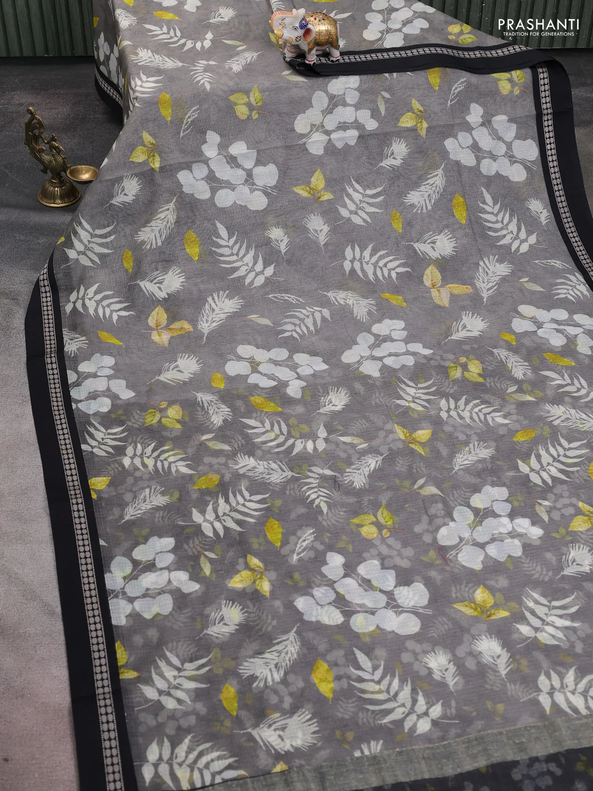 Kota silk cotton saree grey and black with allover leaf digital prints and thread woven border - Image 2