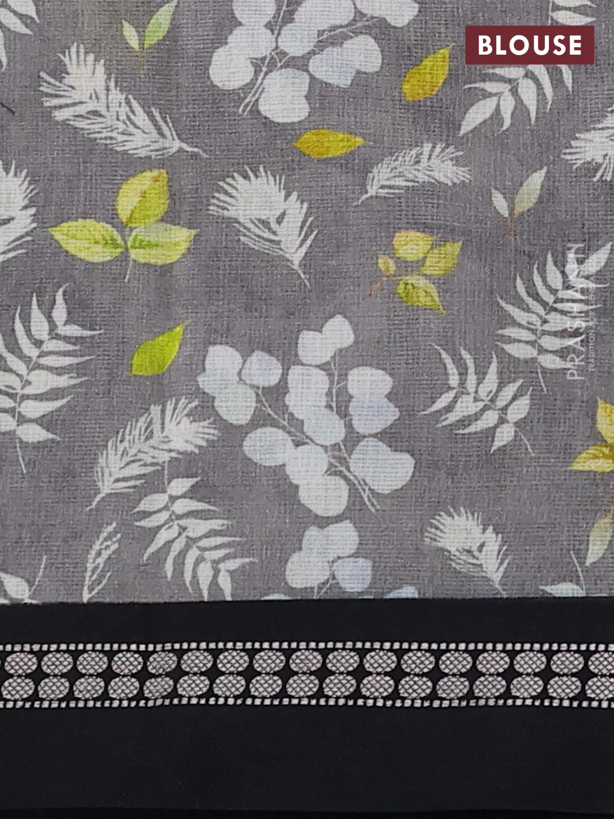 Kota silk cotton saree grey and black with allover leaf digital prints and thread woven border - Image 3