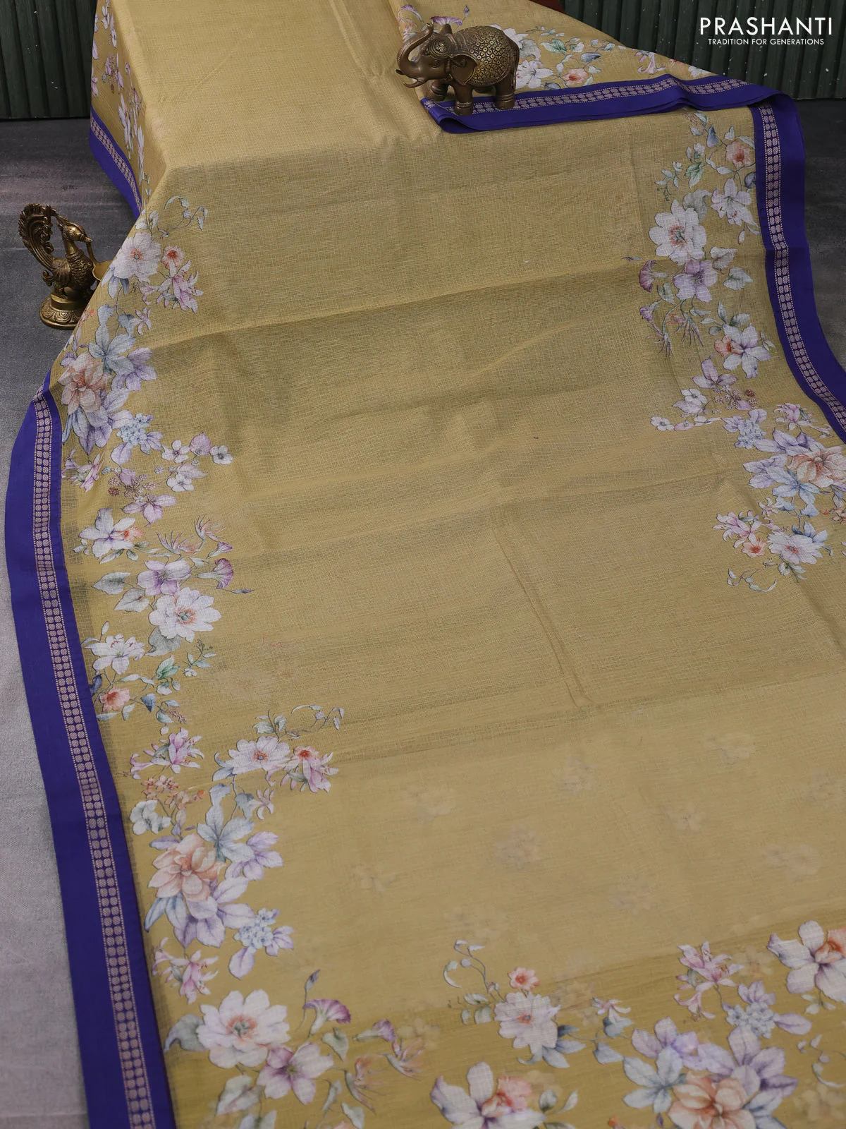 Kota silk cotton saree khaki shade and blue with floral digital prints and thread woven border - Image 2