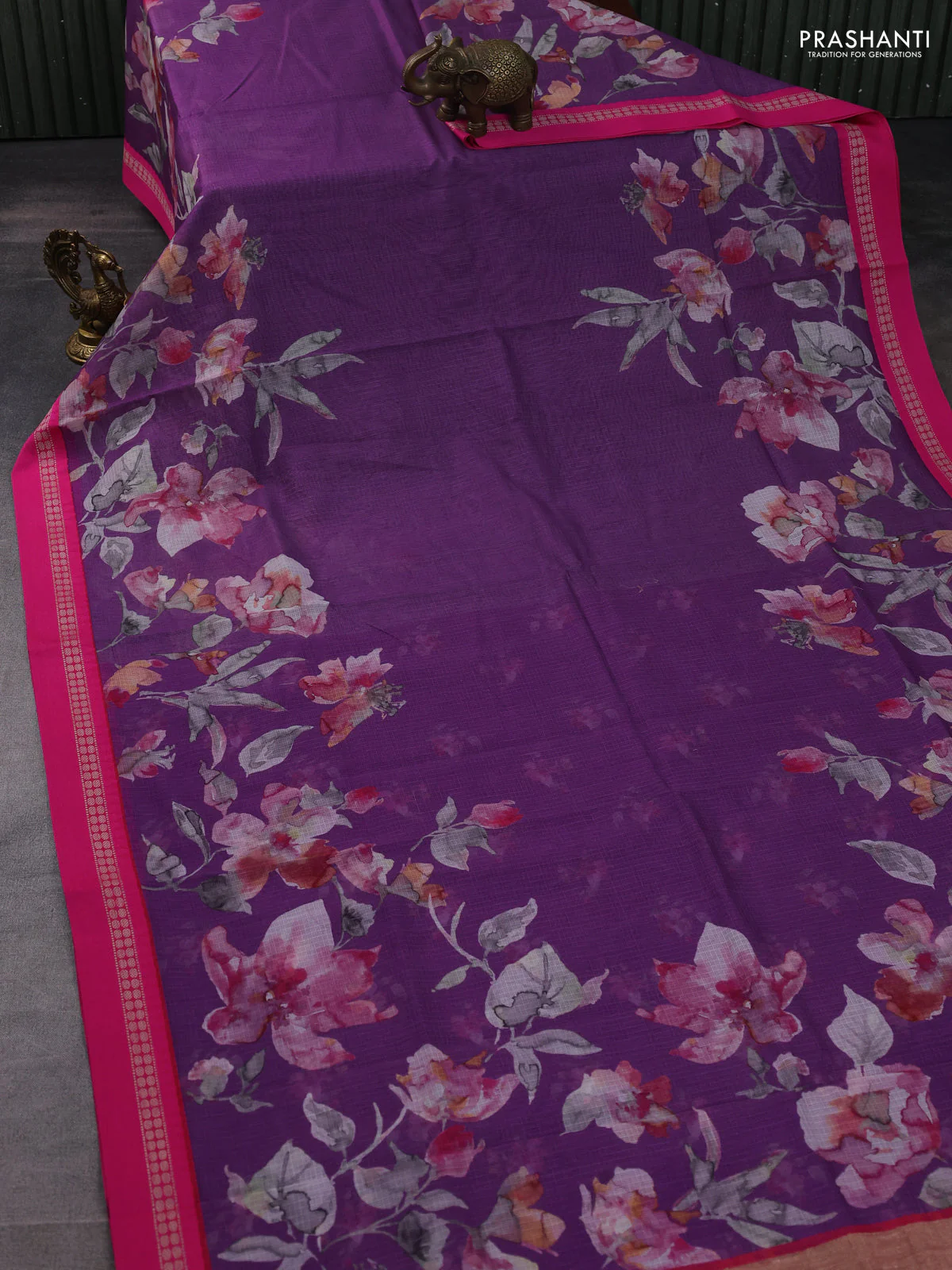 Kota silk cotton saree lavender shade and pink with allover floral digital prints and thread woven border - Image 2