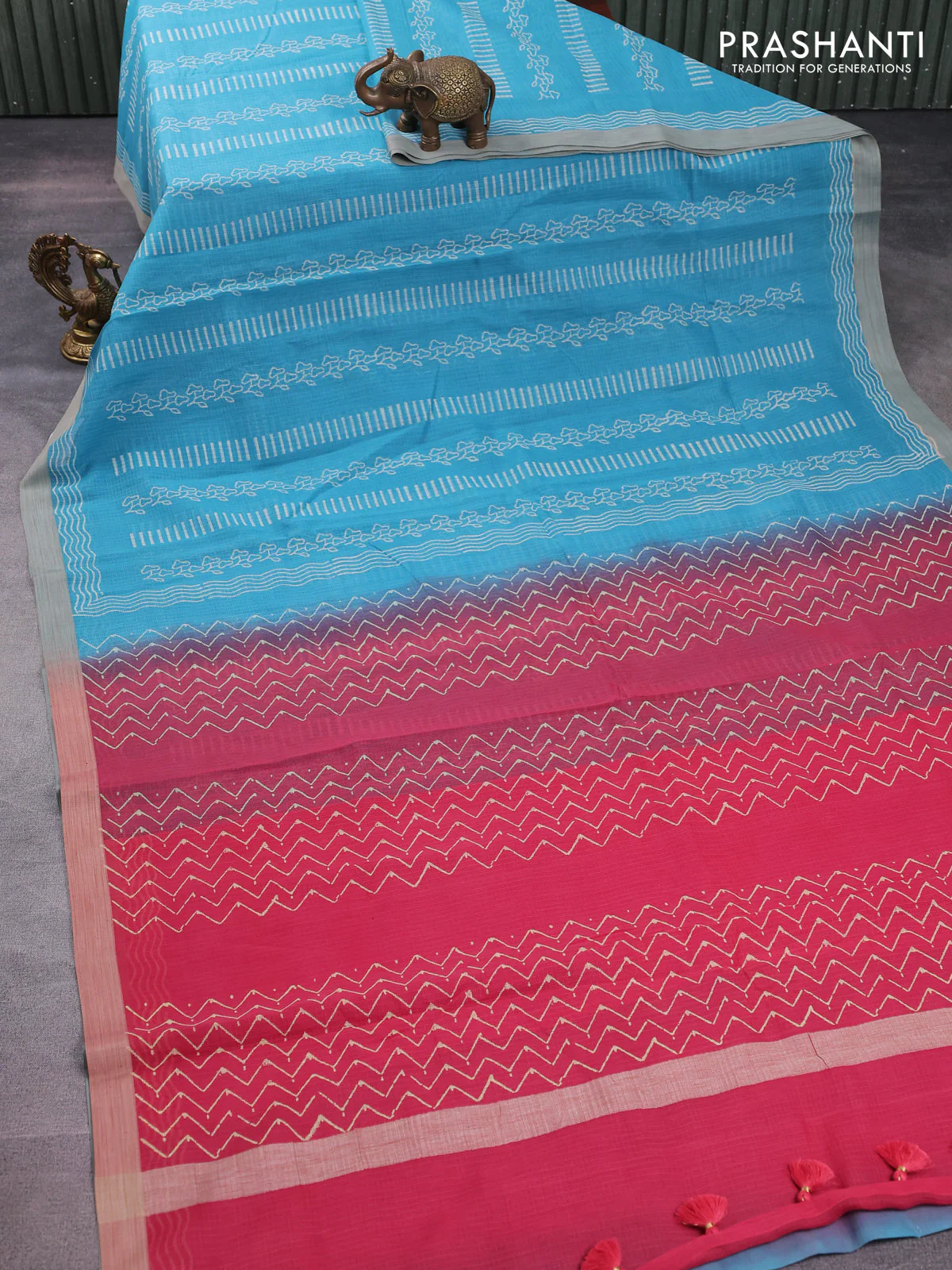 Kota silk cotton saree light blue and peach pink shade with allover block prints and simple border - Image 2
