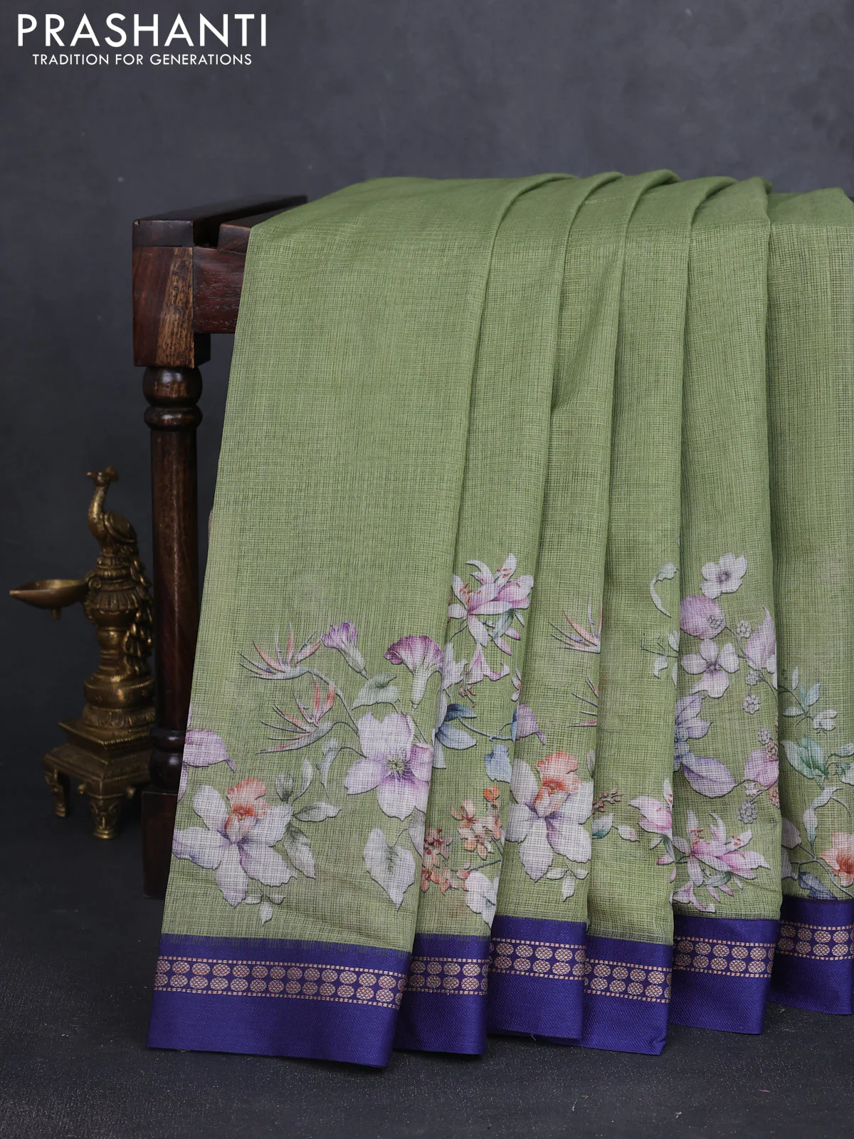 Kota silk cotton saree light green and blue with floral digital prints and thread woven border