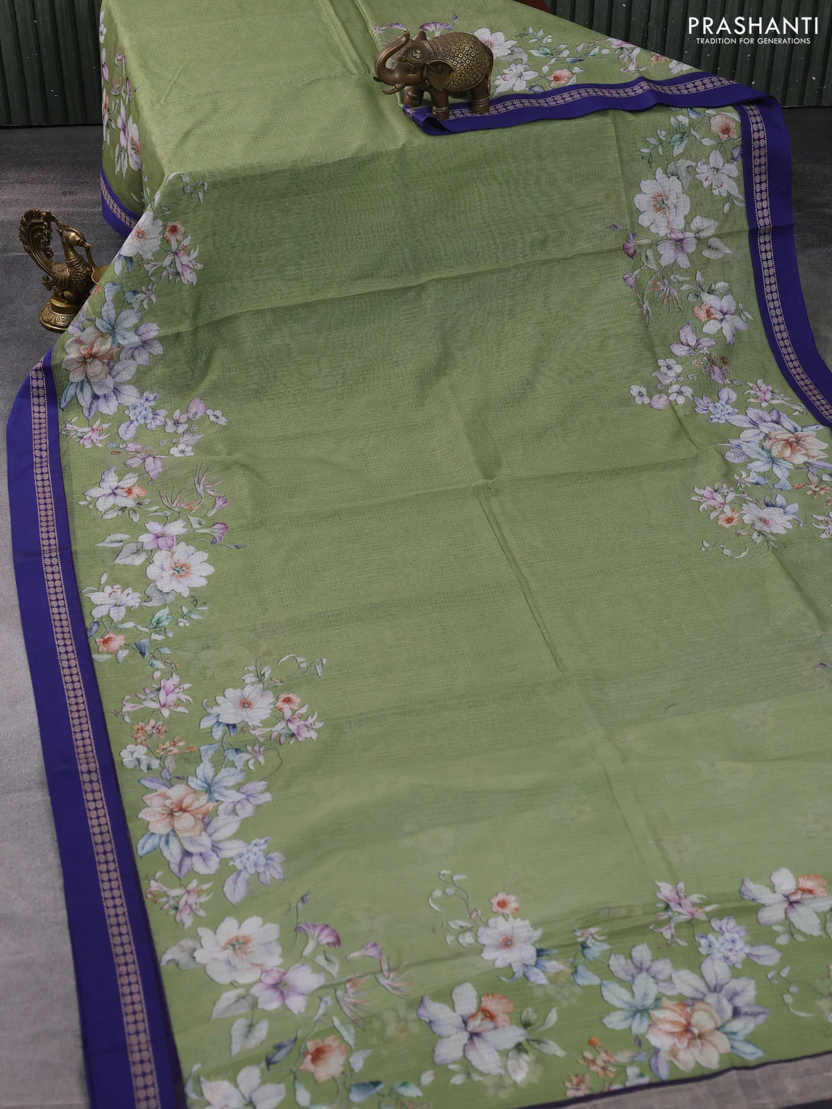 Kota silk cotton saree light green and blue with floral digital prints and thread woven border - Image 2
