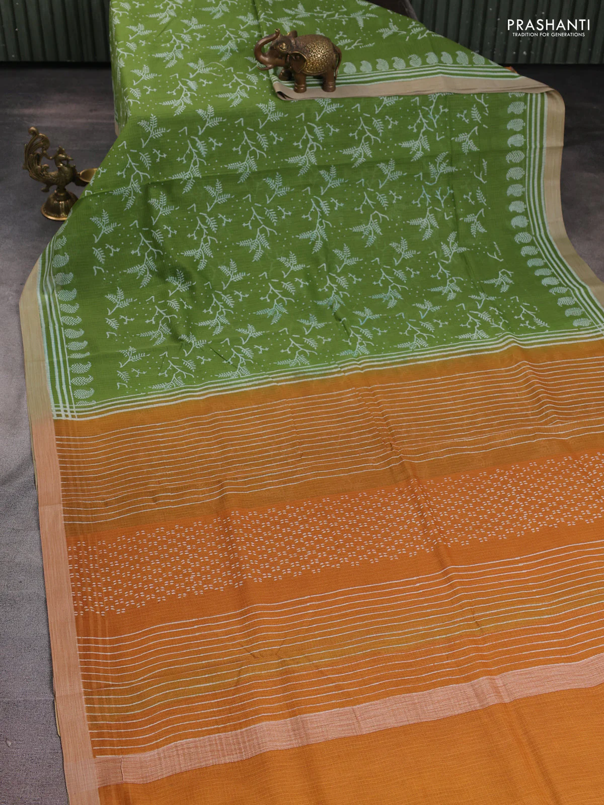 Kota silk cotton saree light green and dark mustard with allover block prints and simple border - Image 2