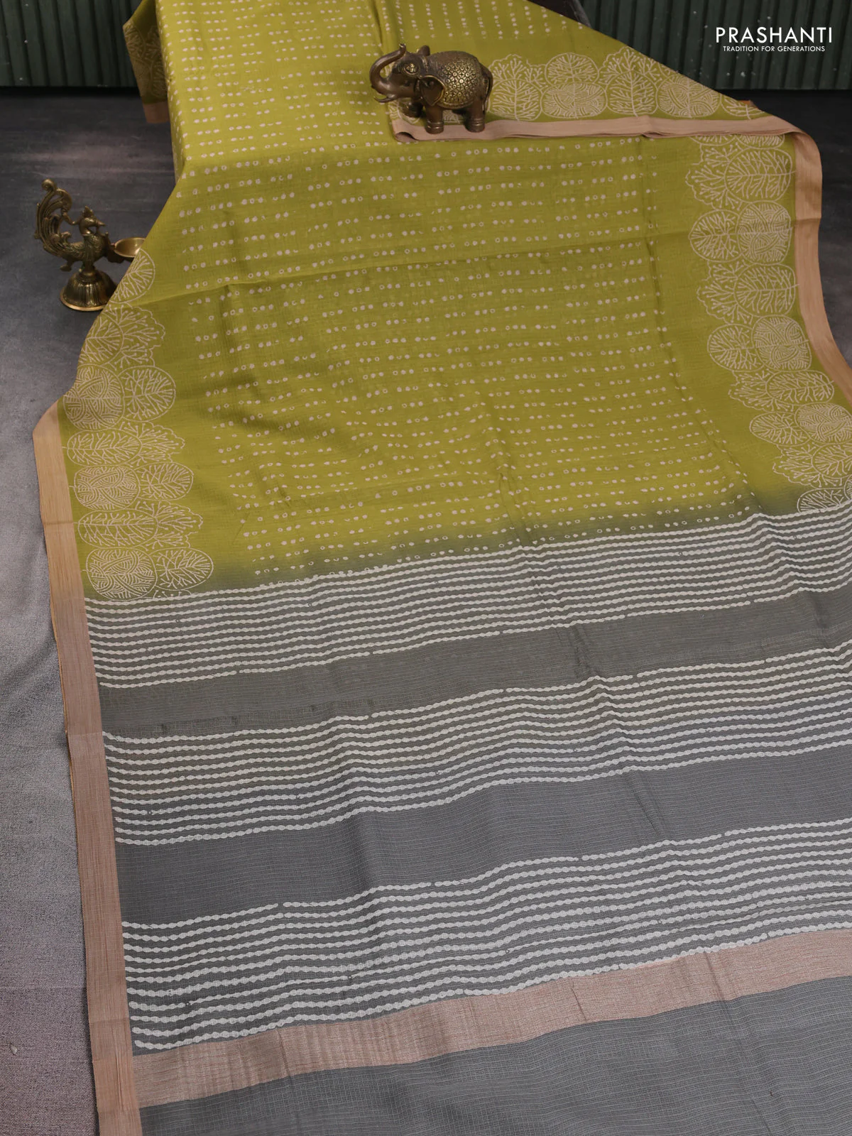 Kota silk cotton saree light green and grey with allover block prints and printed border - Image 2