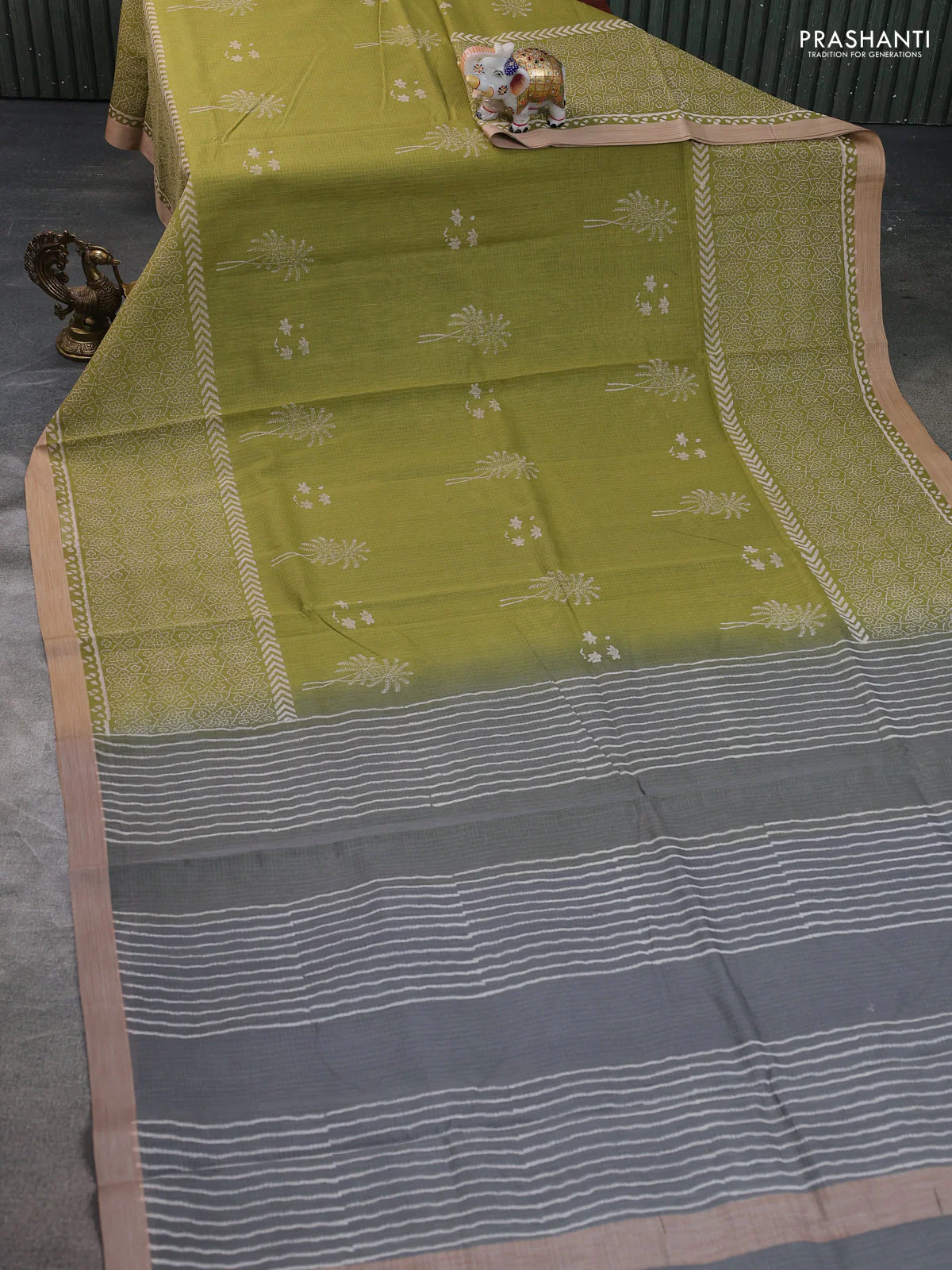 Kota silk cotton saree light green and grey with block prints and long printed border - Image 2