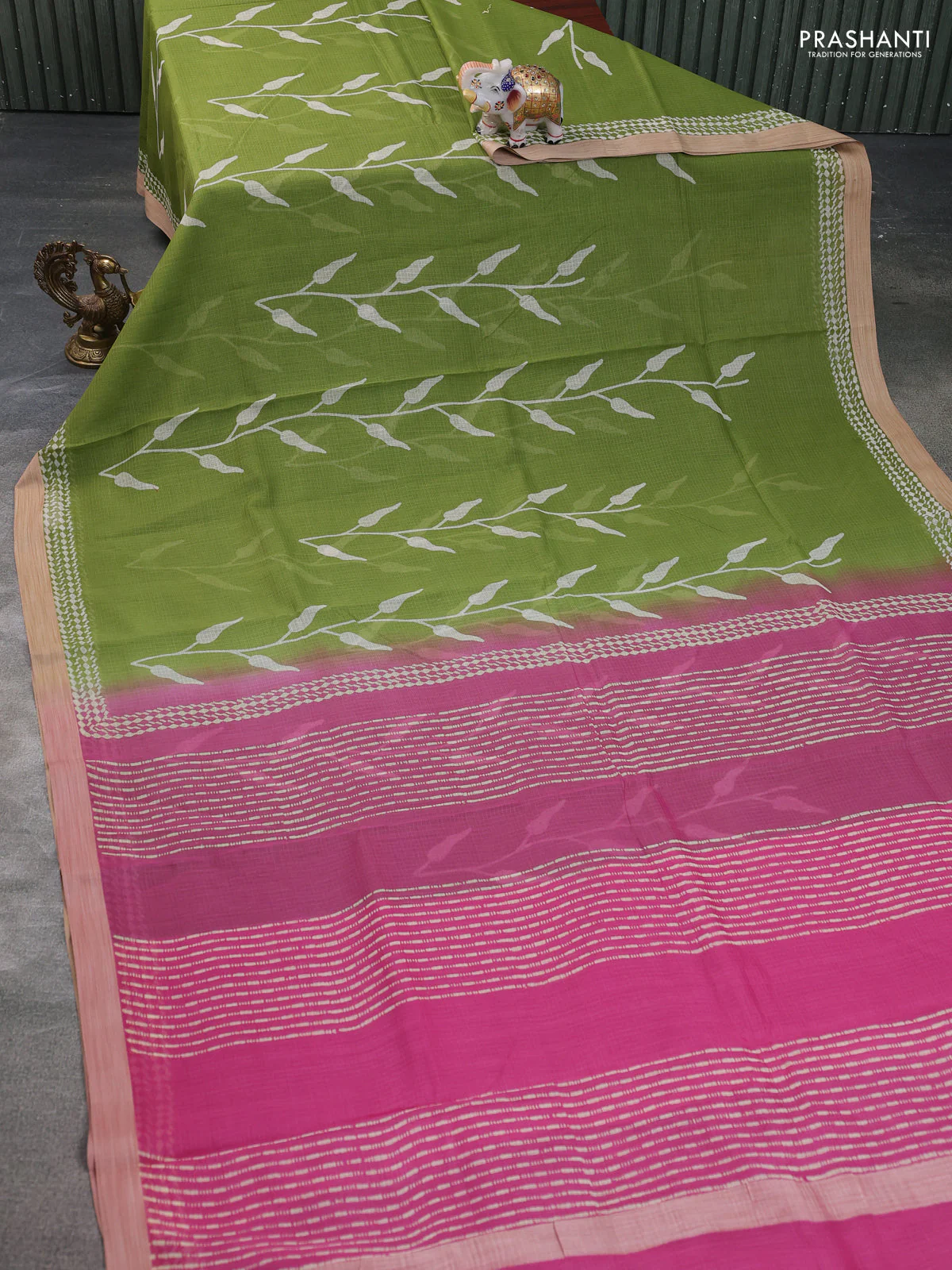 Kota silk cotton saree light green and pink with allover block prints and simple border - Image 2
