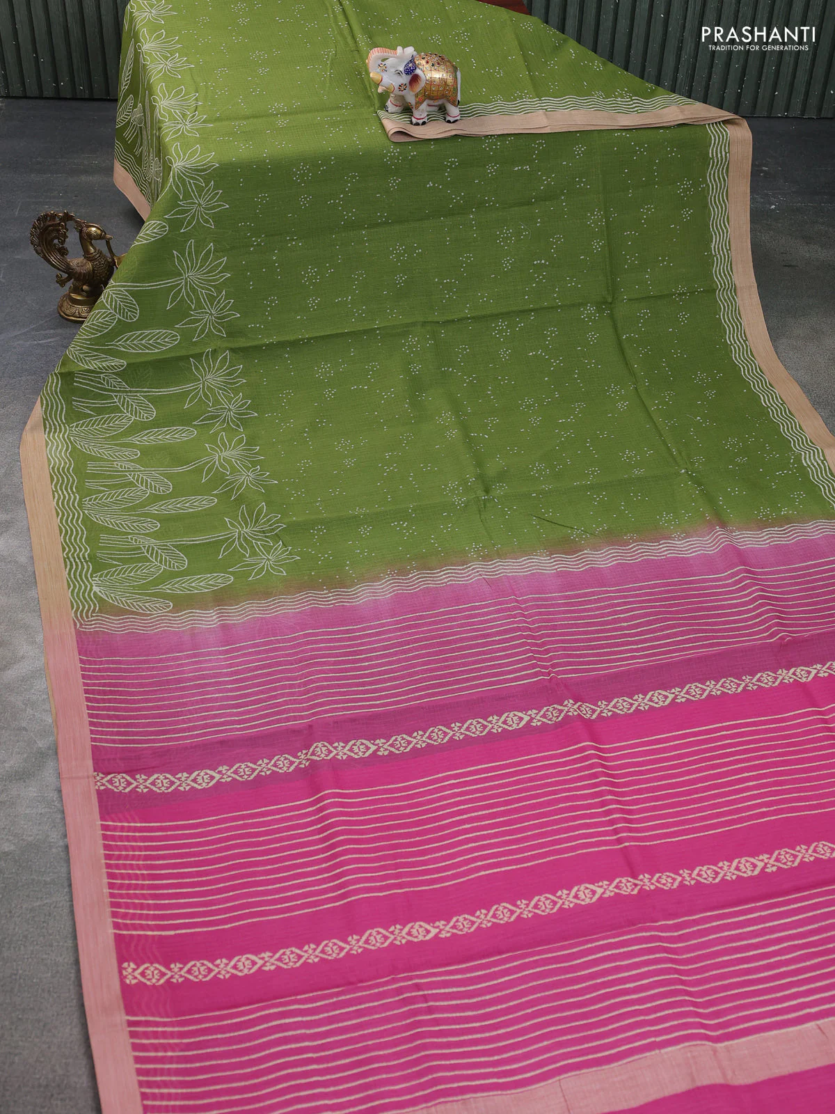 Kota silk cotton saree light green and pink with allover block prints and simple border - Image 2