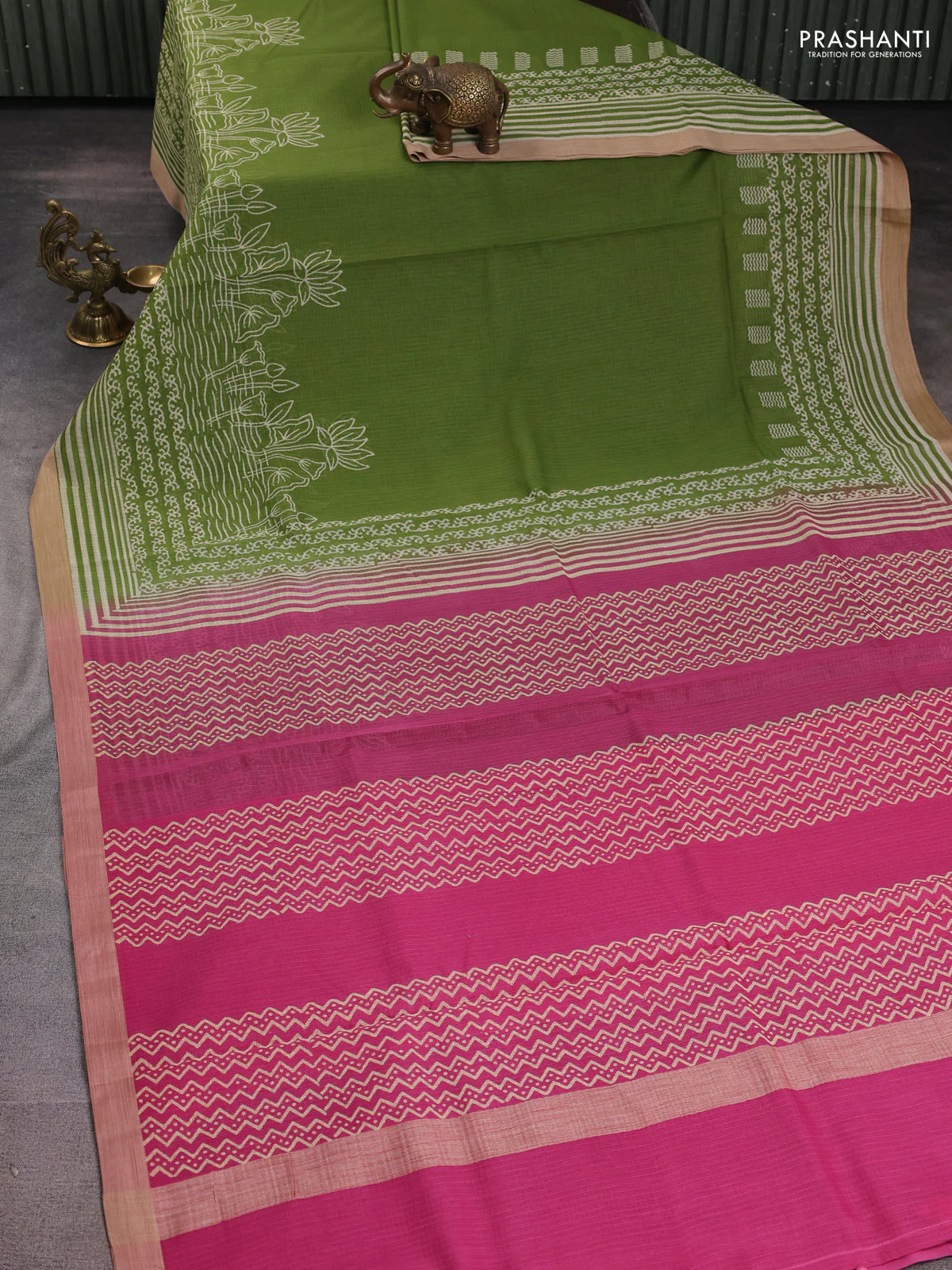 Kota silk cotton saree light green and pink with allover block prints and simple border - Image 2