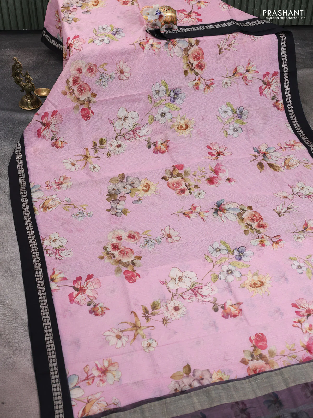 Kota silk cotton saree light pink and black with allover floral digital prints and thread woven border - Image 2