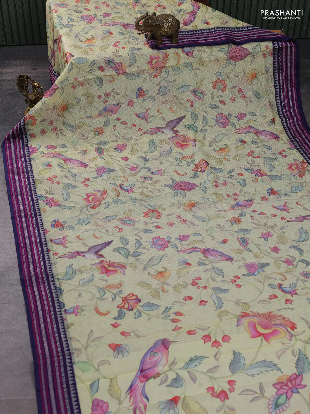 Kota silk cotton saree lime yellow and navy blue with allover digital prints and thread woven border - Image 2