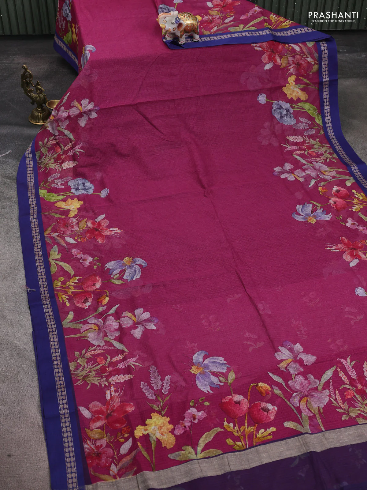 Kota silk cotton saree magenta pink and blue with floral digital prints and thread woven border - Image 2