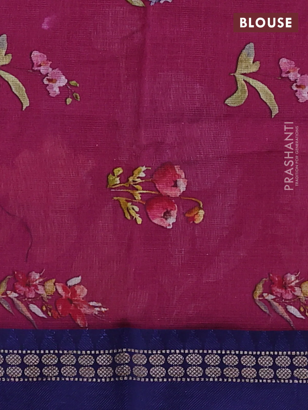 Kota silk cotton saree magenta pink and blue with floral digital prints and thread woven border - Image 3