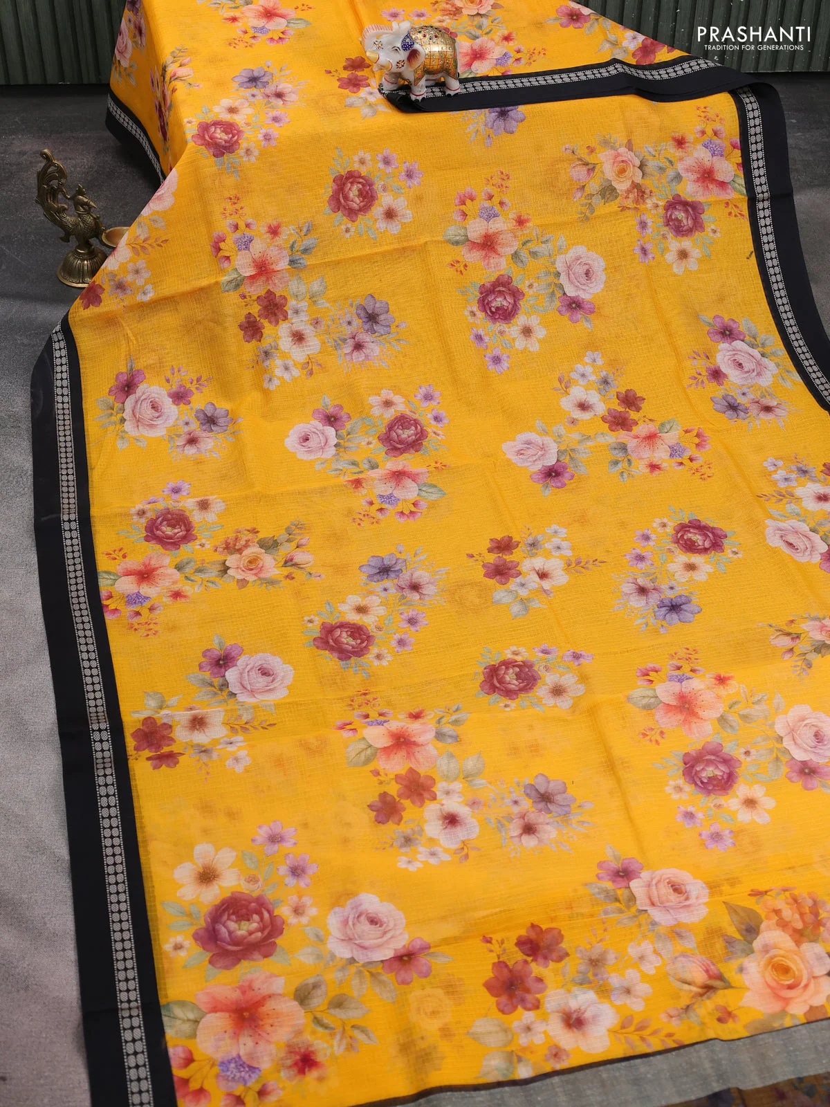 Kota silk cotton saree mango yellow and black with allover floral digital prints and thread woven border - Image 2