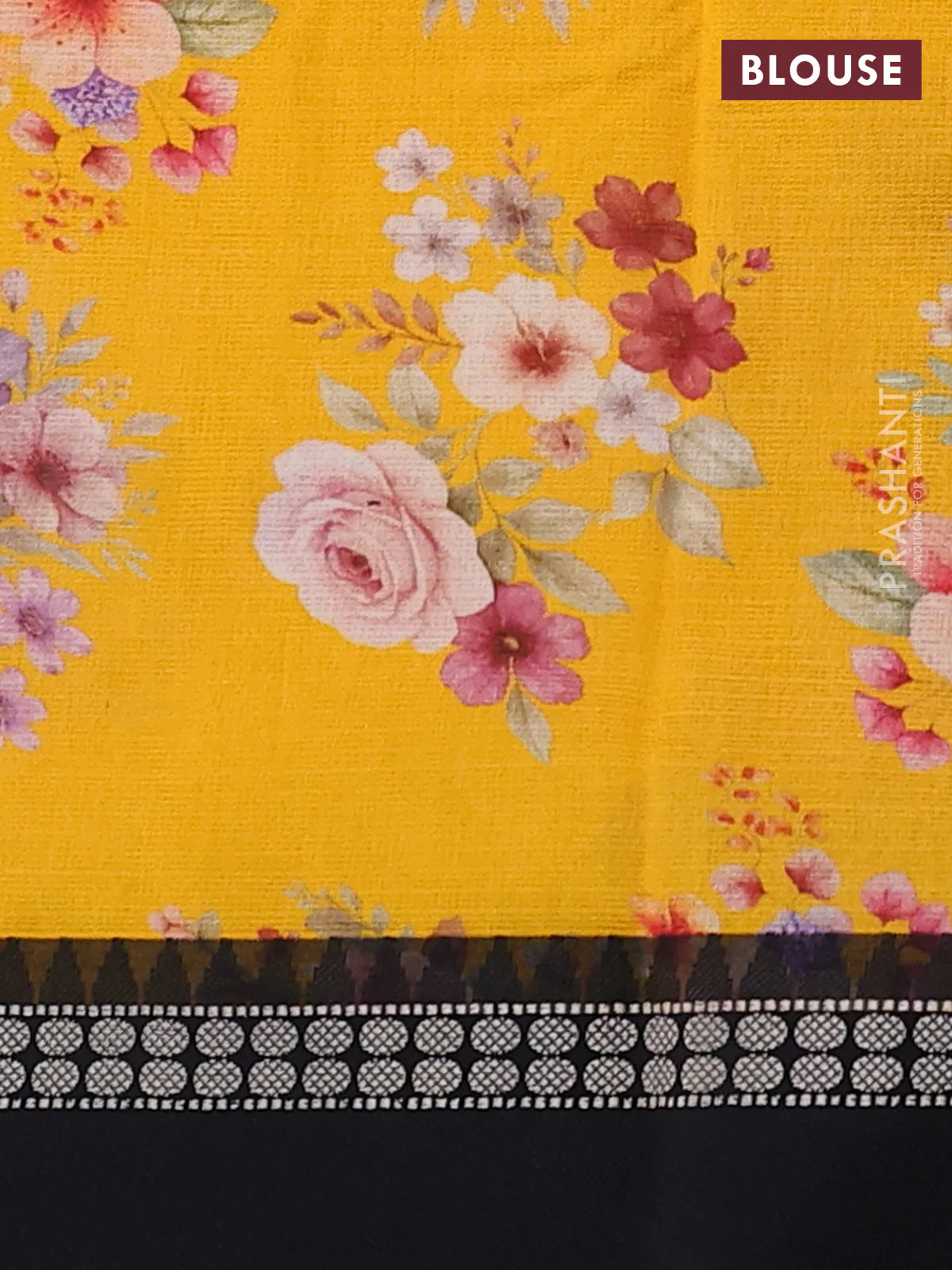 Kota silk cotton saree mango yellow and black with allover floral digital prints and thread woven border - Image 3