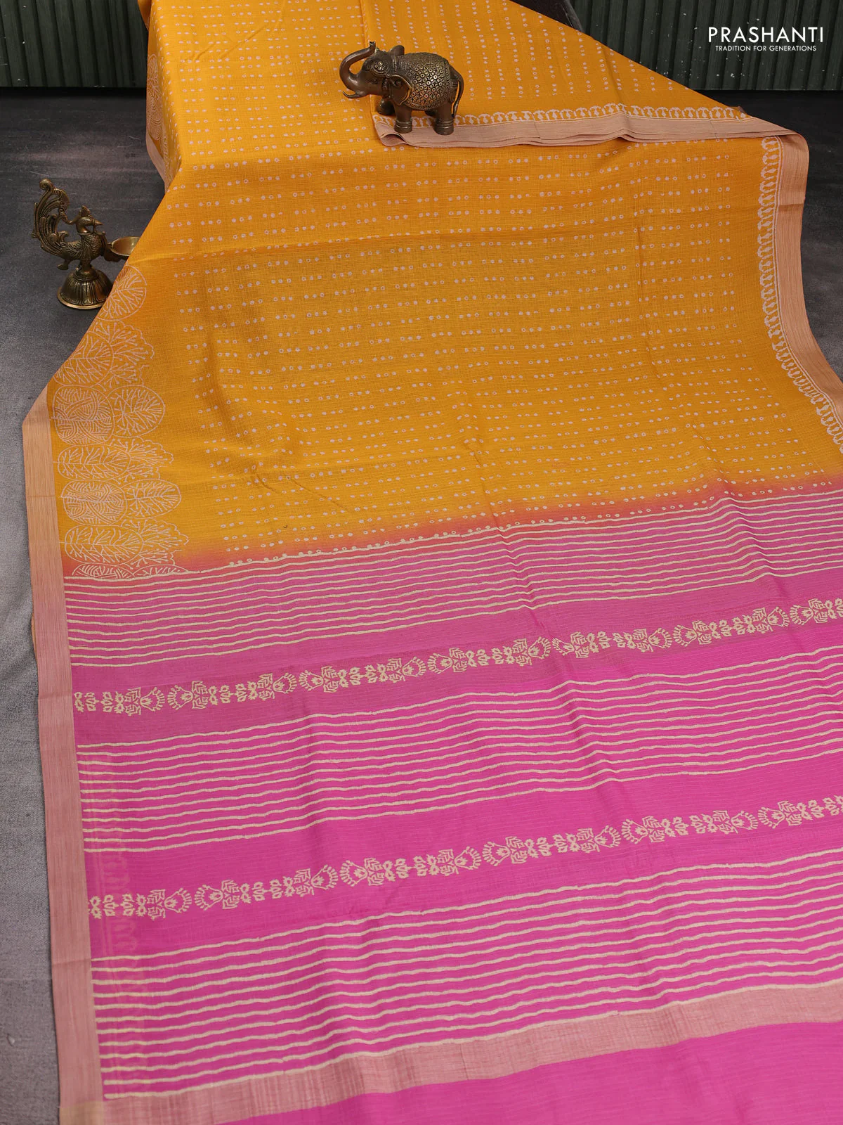 Kota silk cotton saree mango yellow and light pink with allover block prints and simple border - Image 2
