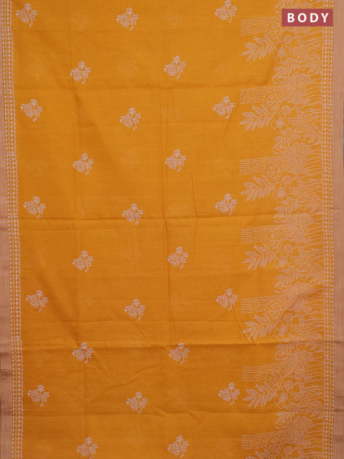 Kota silk cotton saree mango yellow and pink with allover block prints and simple border - Image 2