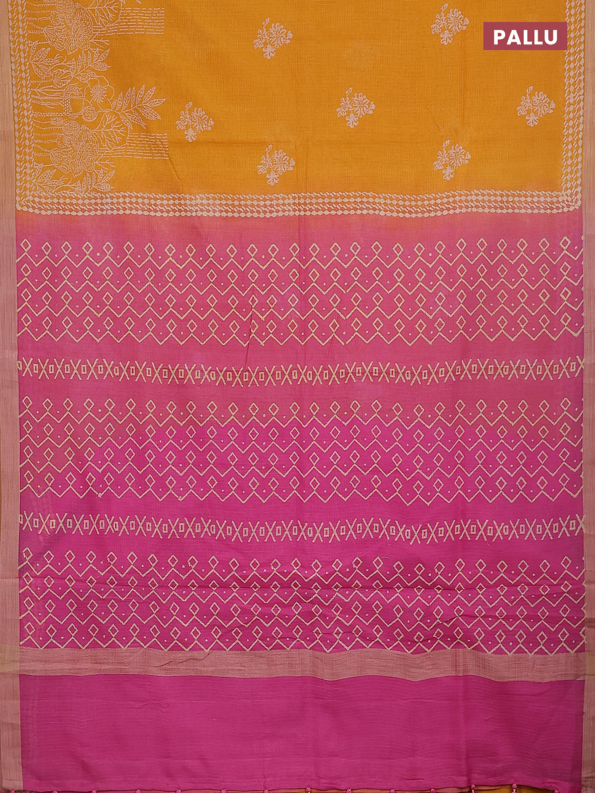 Kota silk cotton saree mango yellow and pink with allover block prints and simple border - Image 3