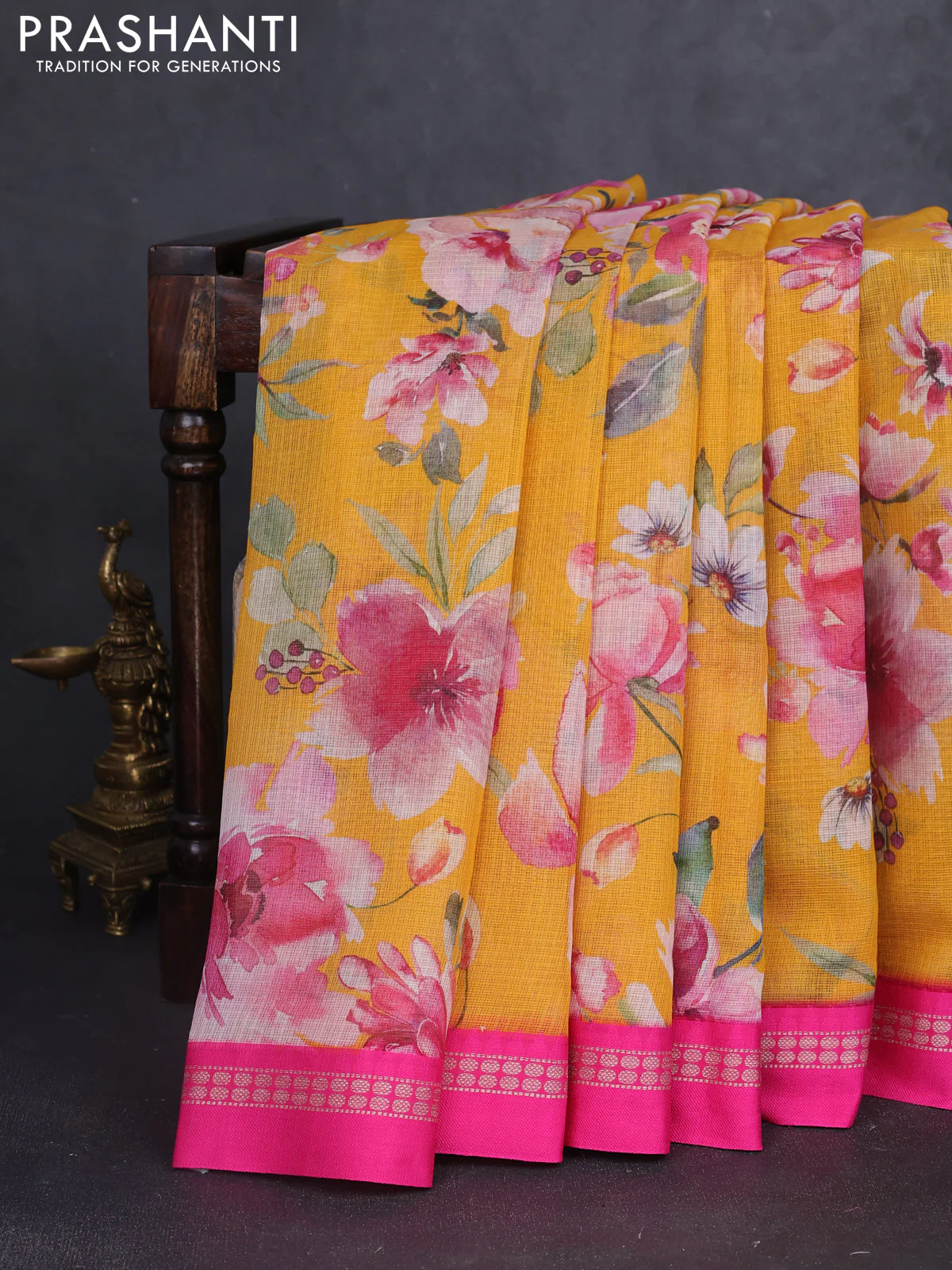 Kota silk cotton saree mango yellow and pink with allover floral digital prints and thread woven border
