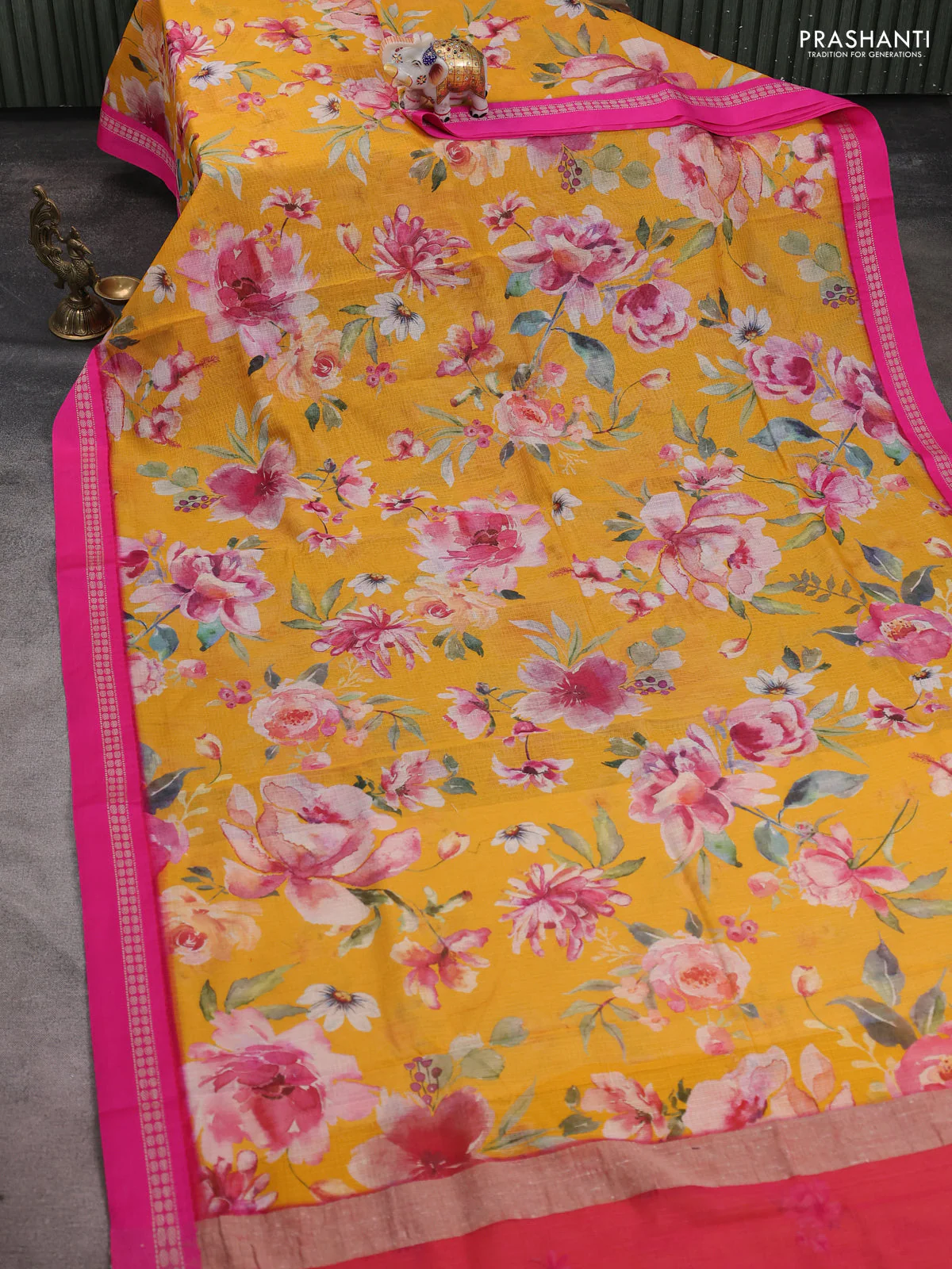 Kota silk cotton saree mango yellow and pink with allover floral digital prints and thread woven border - Image 2