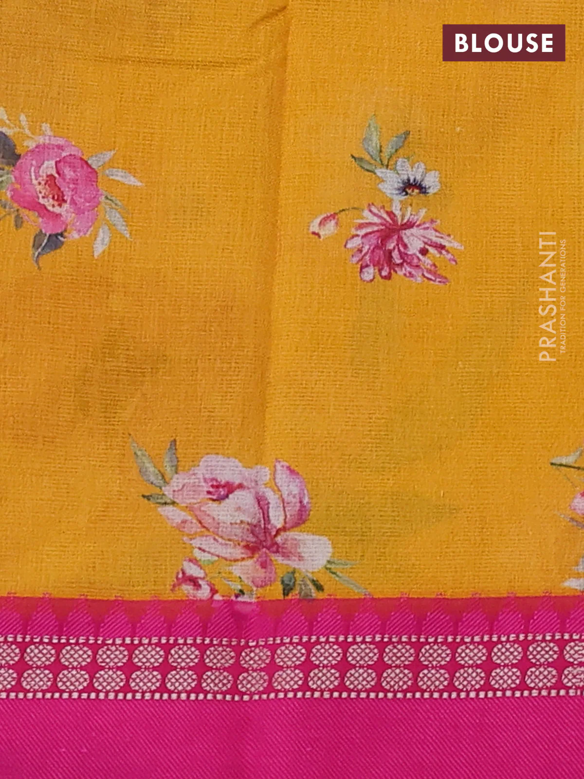 Kota silk cotton saree mango yellow and pink with allover floral digital prints and thread woven border - Image 3