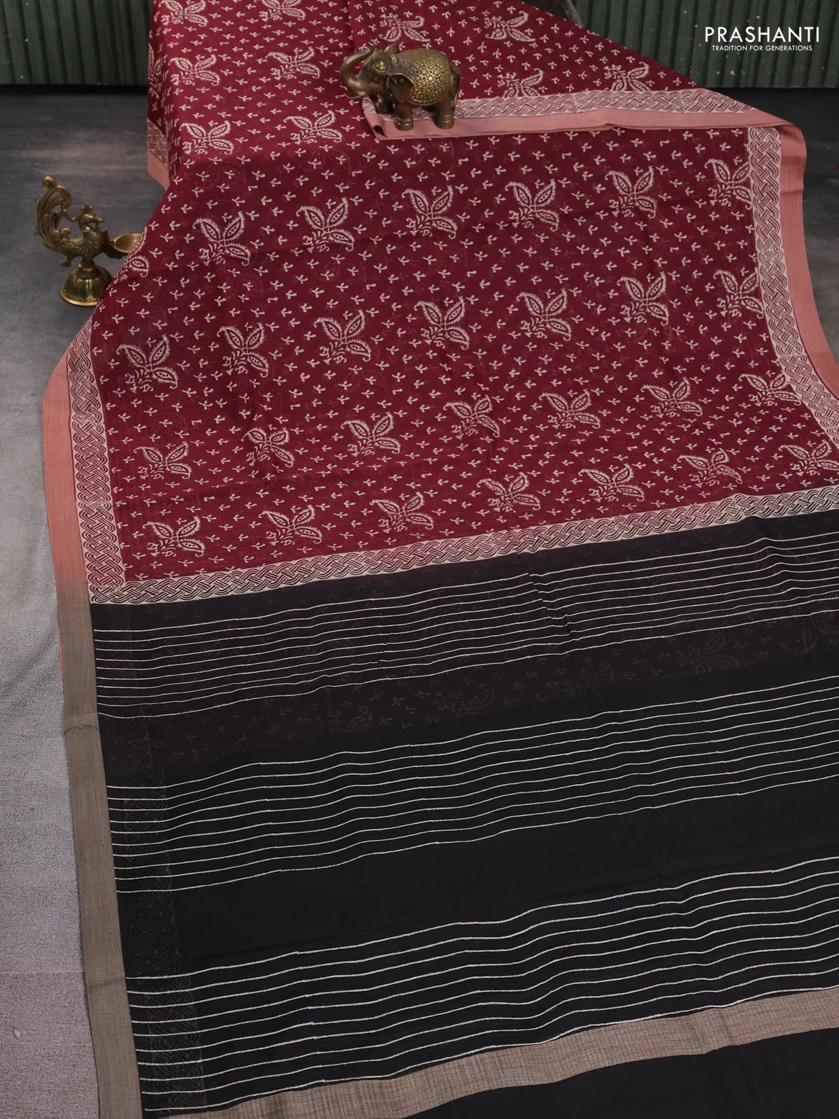 Kota silk cotton saree maroon and black with allover block prints and simple border - Image 2