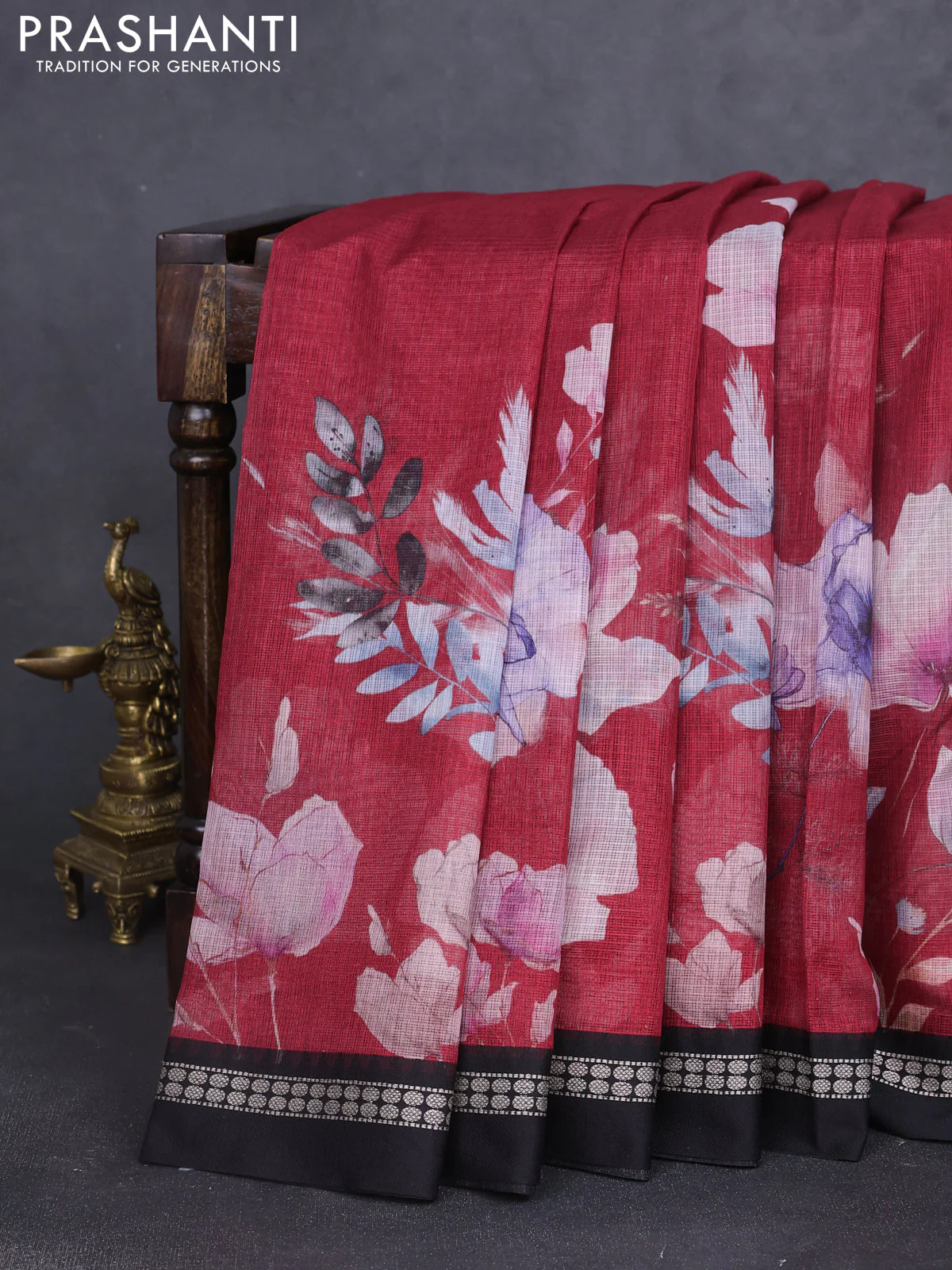 Kota silk cotton saree maroon and black with allover floral digital prints and thread woven border