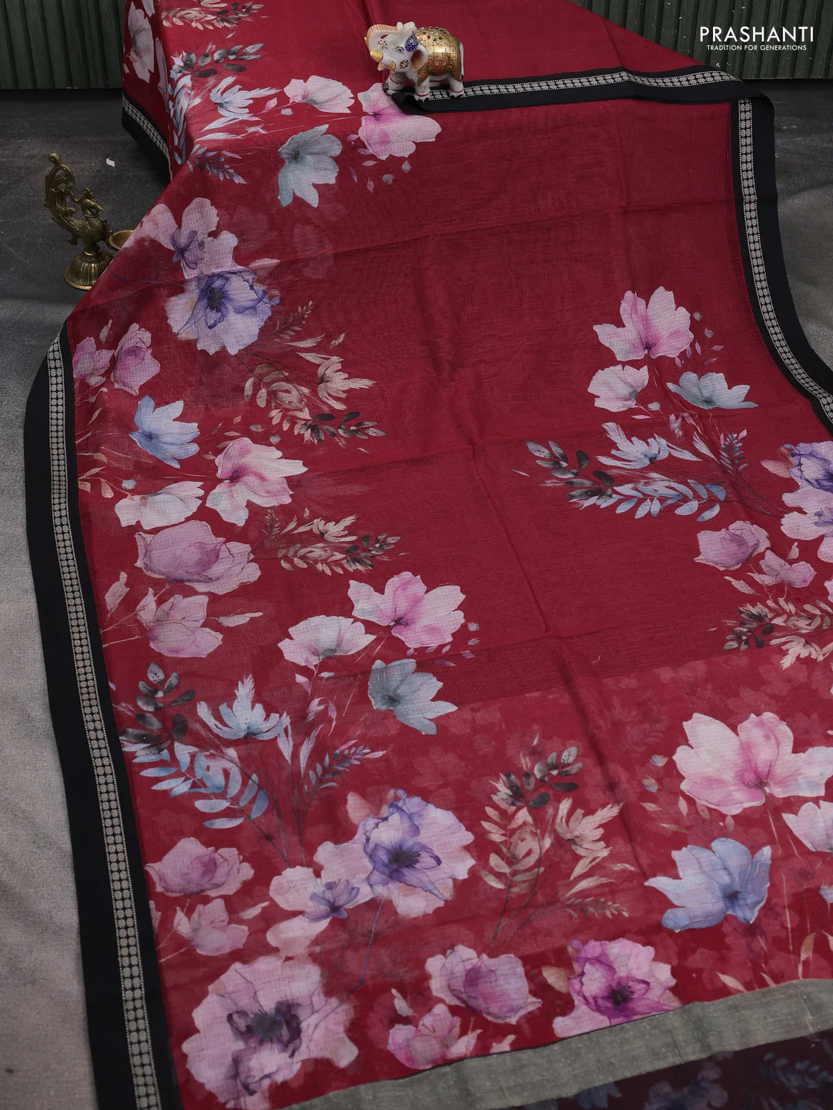 Kota silk cotton saree maroon and black with allover floral digital prints and thread woven border - Image 2