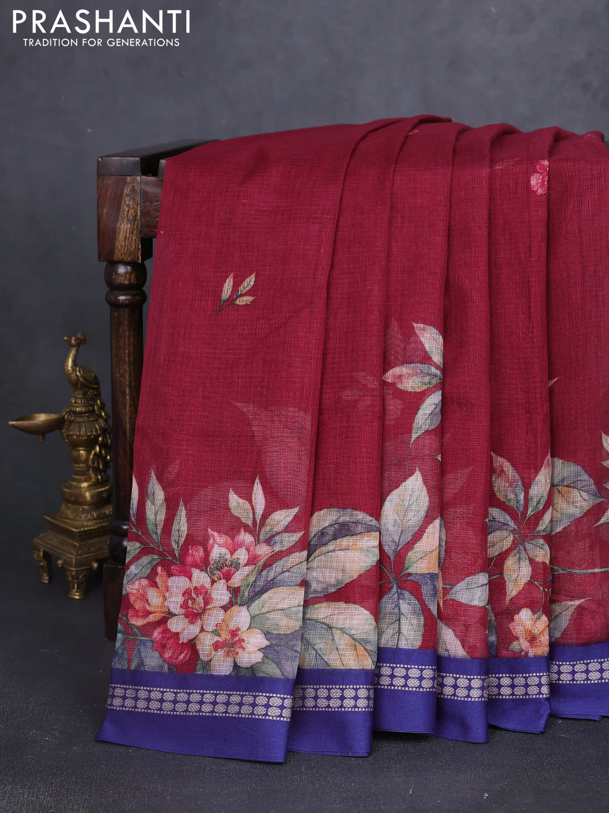 Kota silk cotton saree maroon and blue with floral digital prints and thread woven border