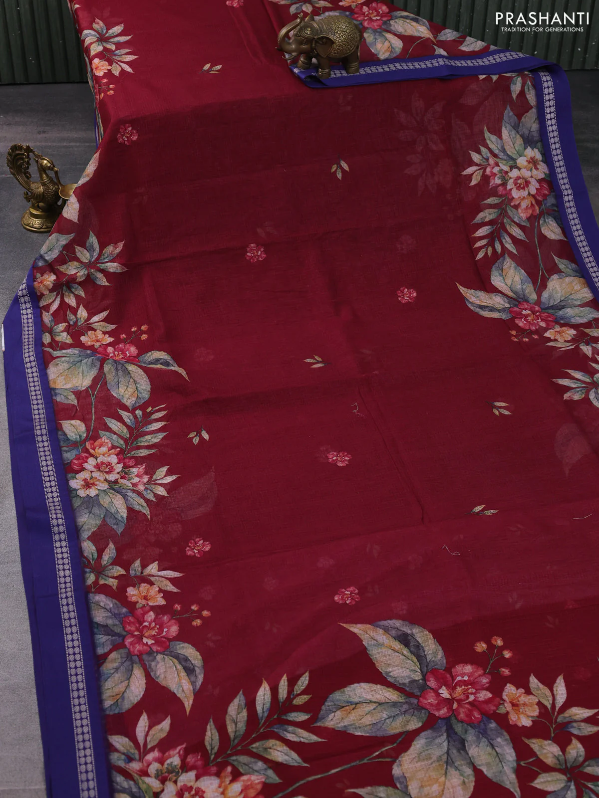 Kota silk cotton saree maroon and blue with floral digital prints and thread woven border - Image 2