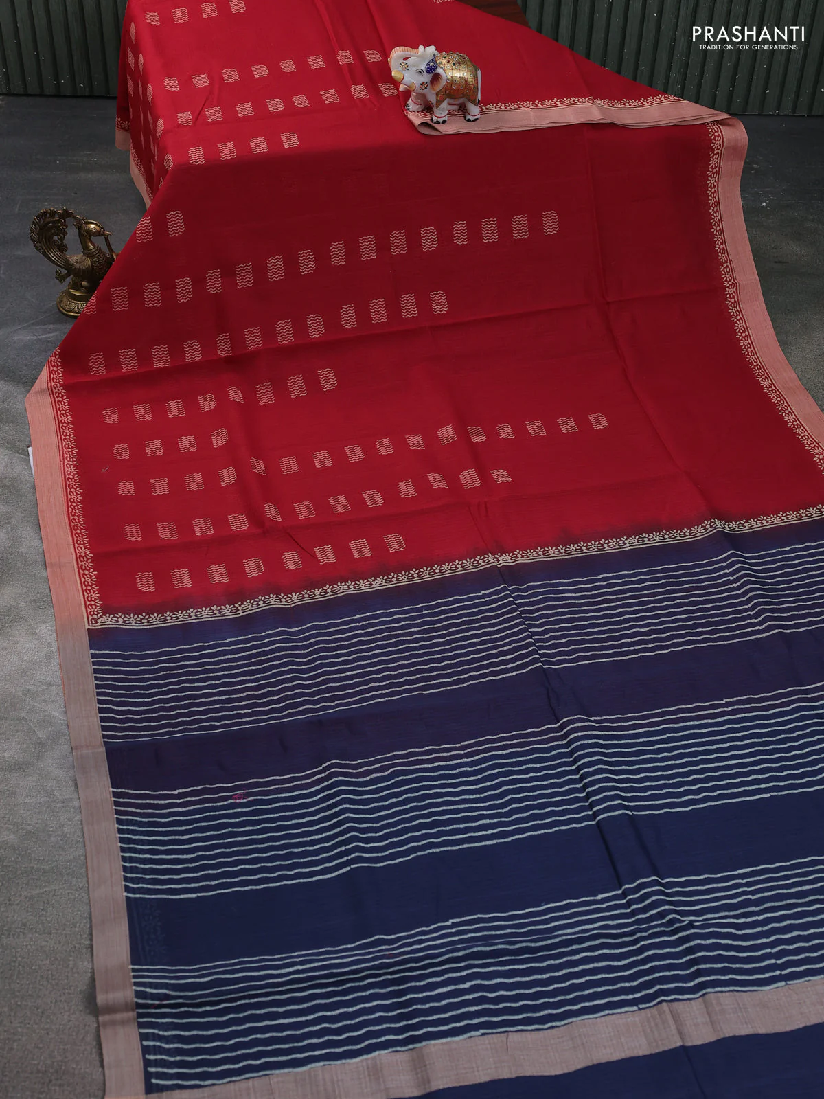 Kota silk cotton saree maroon and navy blue with block prints and simple border - Image 2