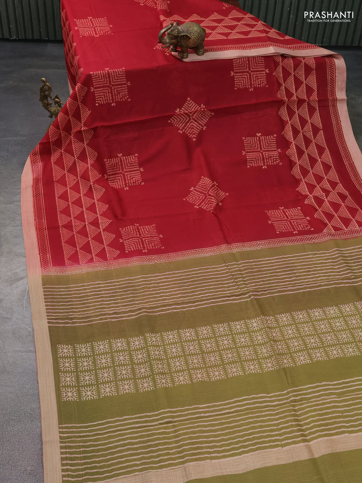 Kota silk cotton saree maroon and olive green with butta block prints and long block printed border - Image 2