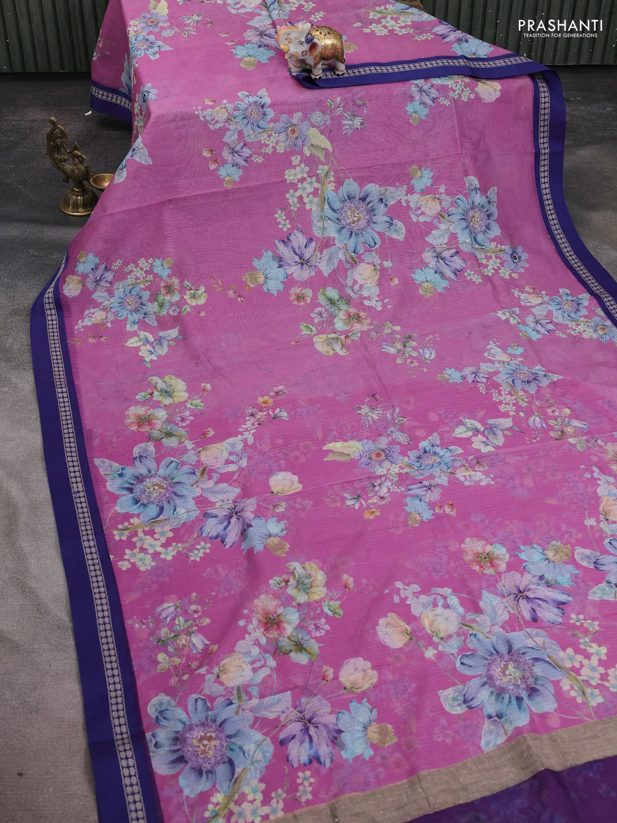 Kota silk cotton saree mauve pink and blue with allover floral digital prints and thread woven border - Image 2