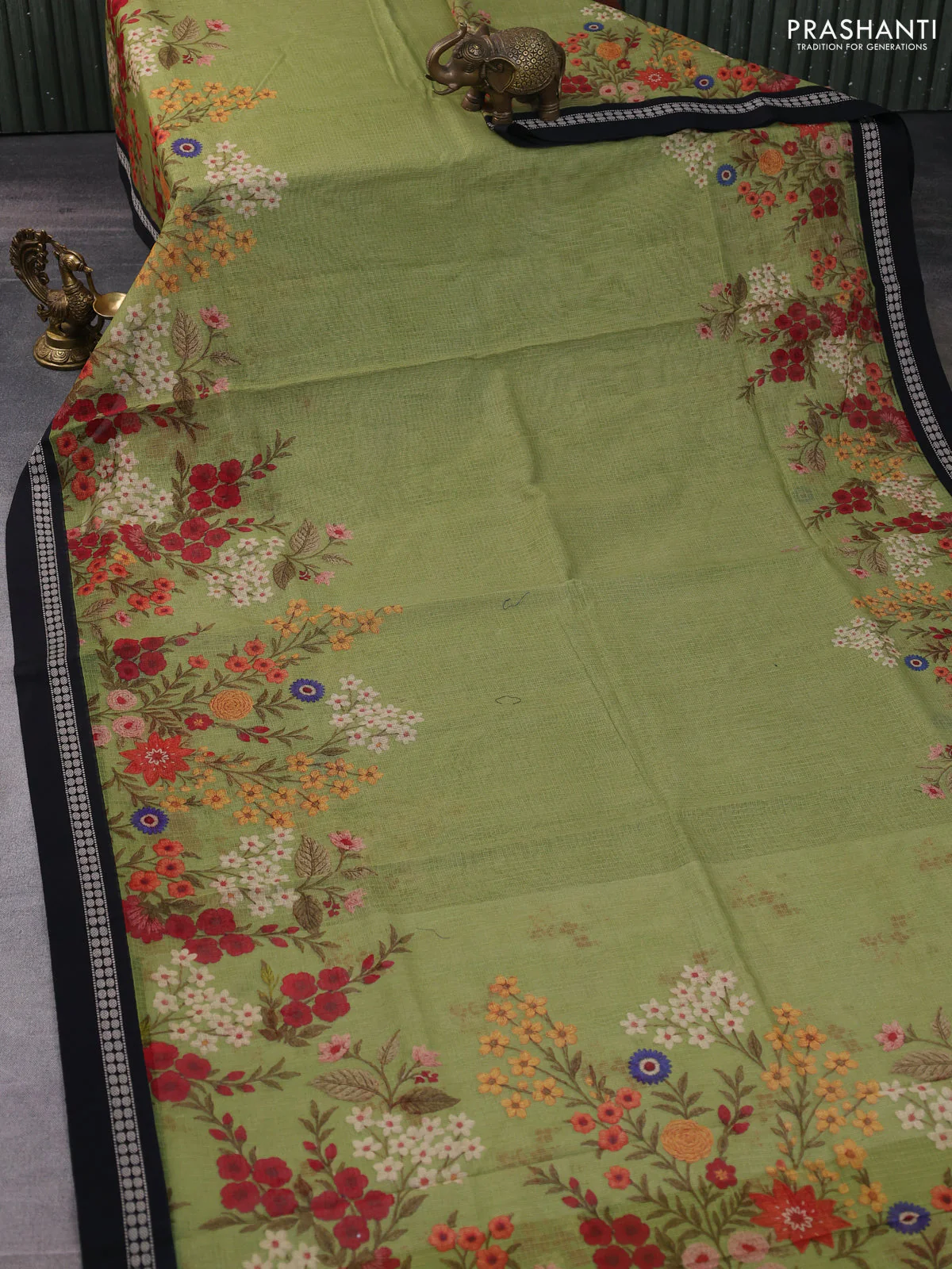 Kota silk cotton saree mehendi green and black with allover floral digital prints and thread woven border - Image 2