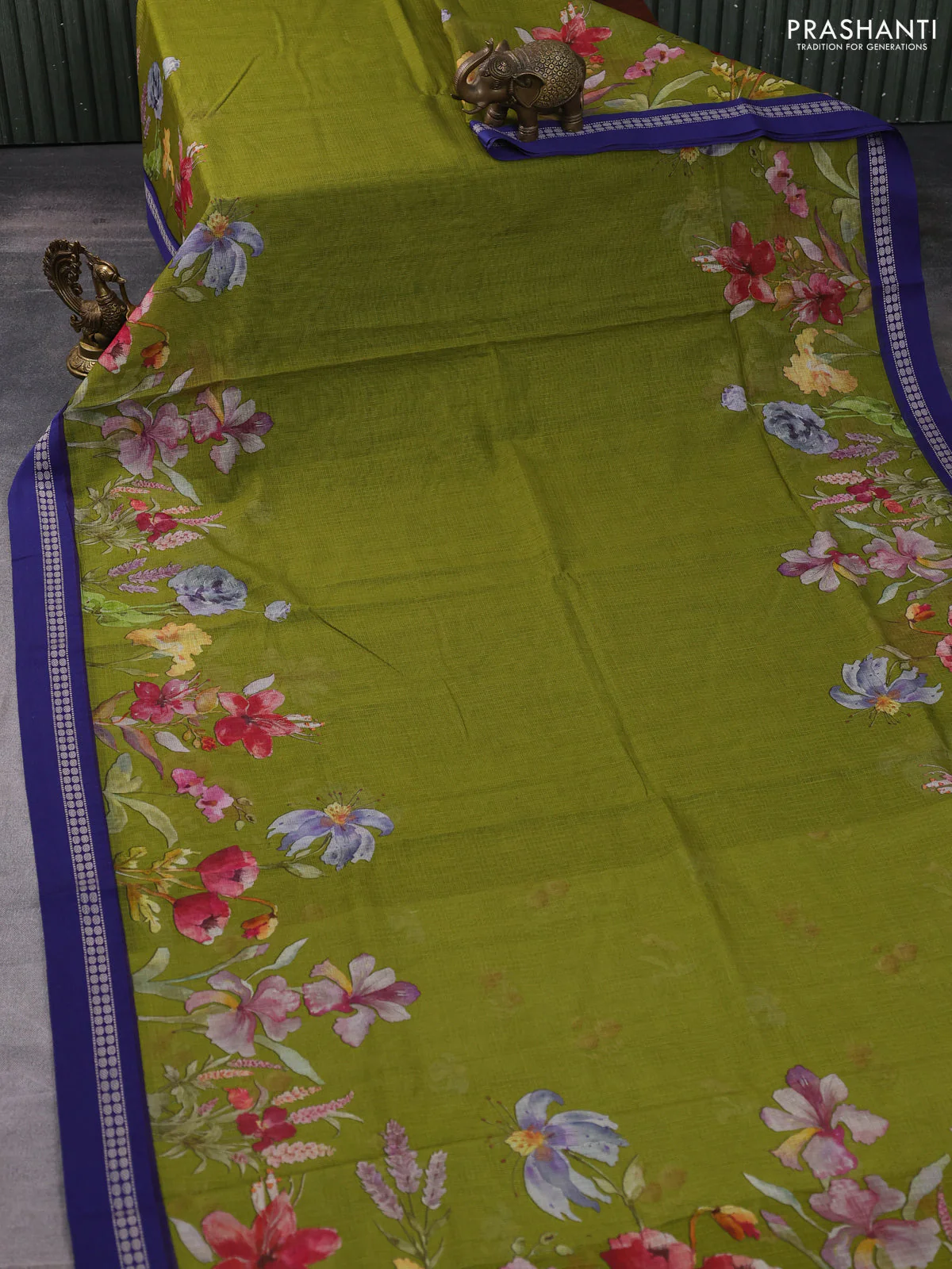 Kota silk cotton saree mehendi green and blue with floral digital prints and thread woven border - Image 2