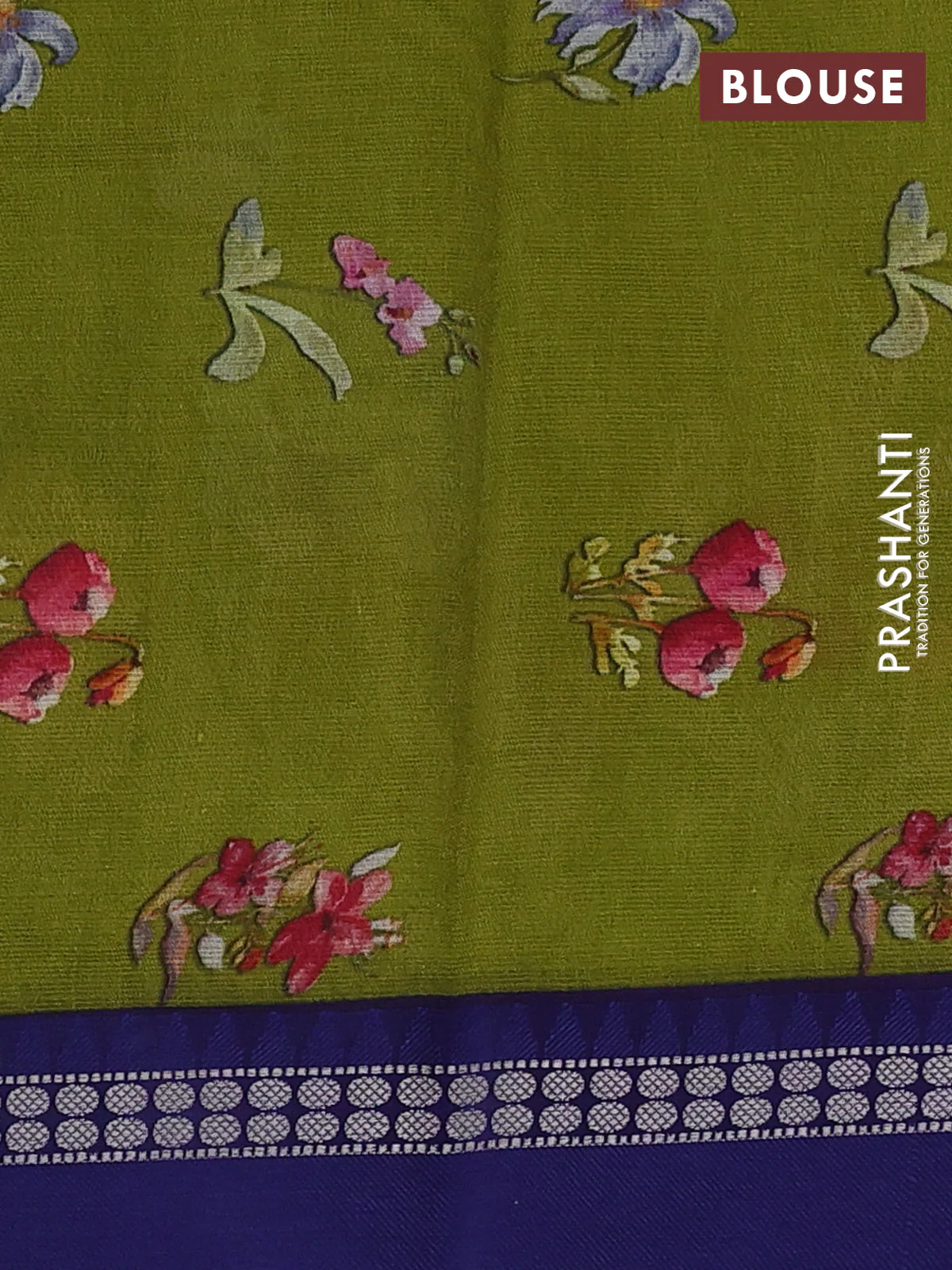 Kota silk cotton saree mehendi green and blue with floral digital prints and thread woven border - Image 3