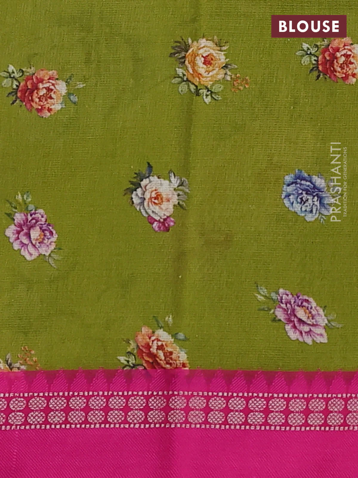 Kota silk cotton saree mehendi green and pink with allover floral digital prints and thread woven border - Image 3