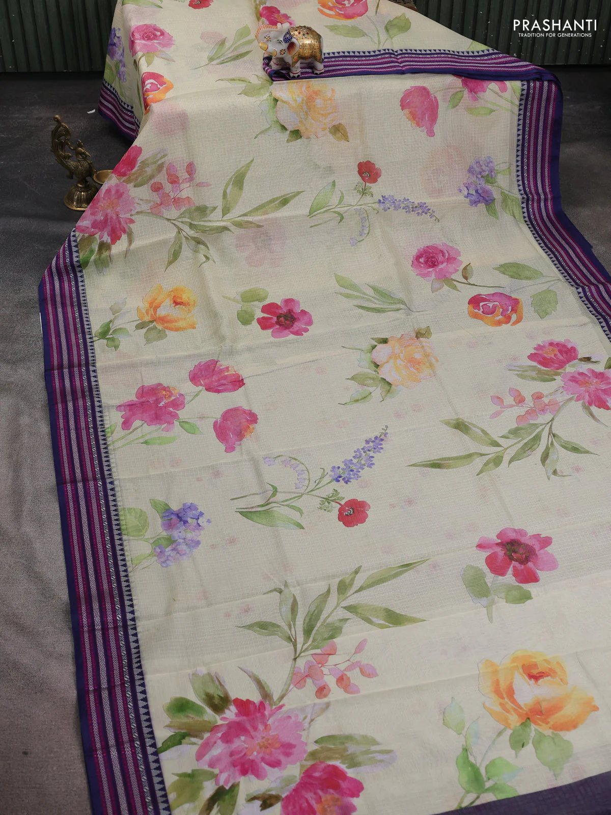 Kota silk cotton saree mild pista green and navy blue with floarl digital prints and thread woven border - Image 2