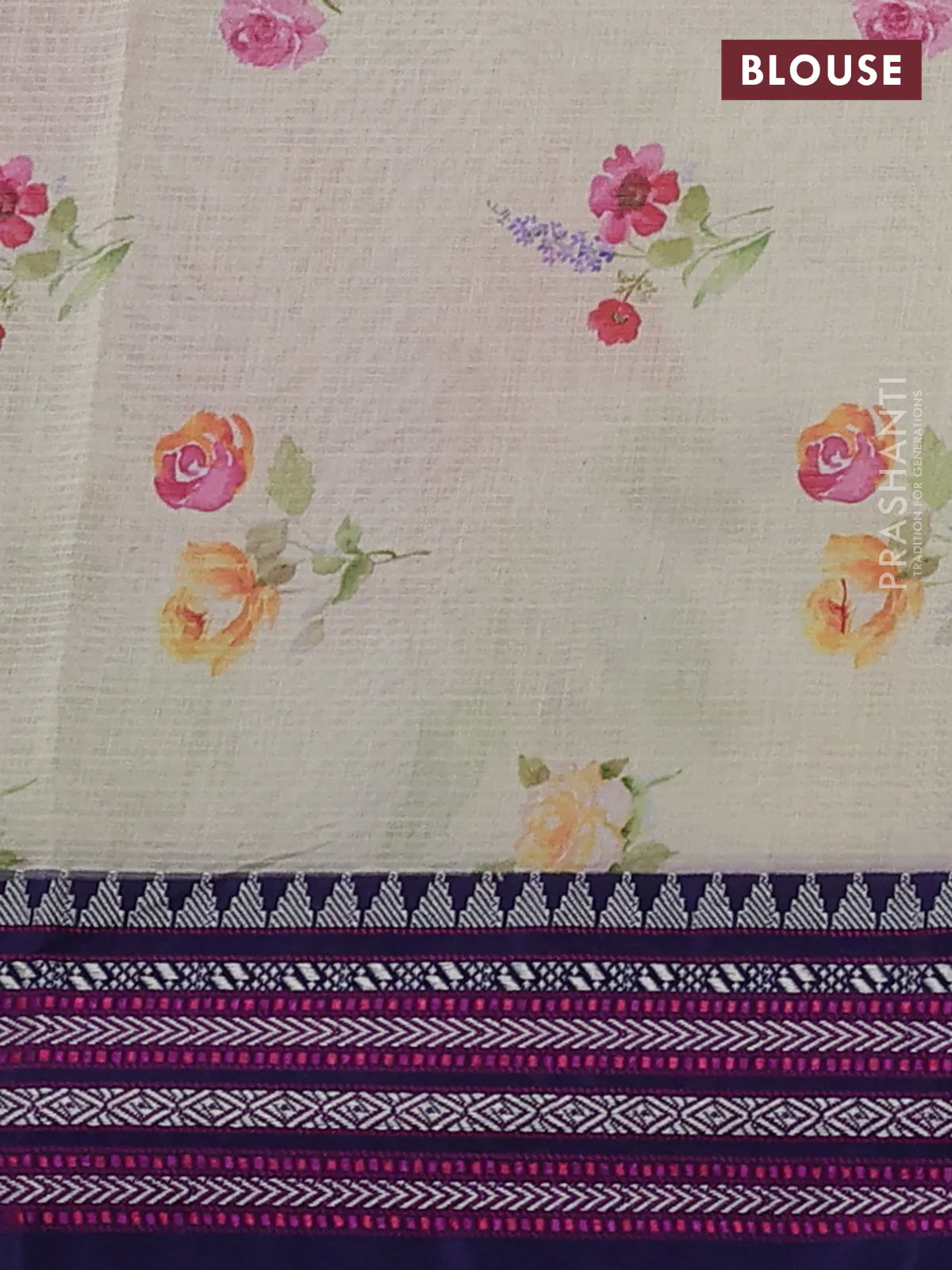 Kota silk cotton saree mild pista green and navy blue with floarl digital prints and thread woven border - Image 3