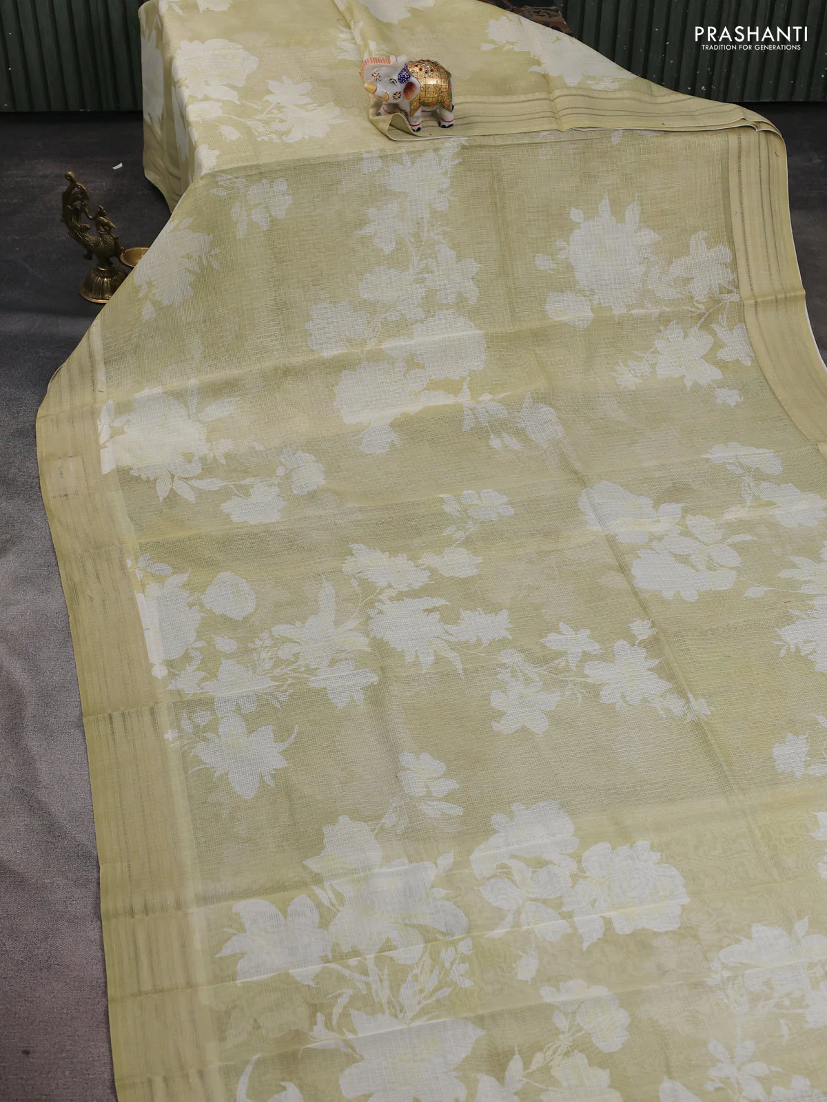 Kota silk cotton saree mild pista green with floral digital prints and thread woven border - Image 2