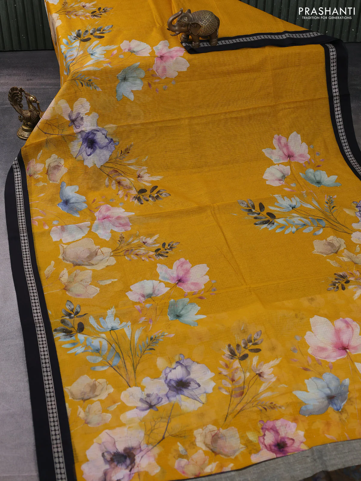 Kota silk cotton saree mustard yellow and black with allover floral digital prints and thread woven border - Image 2