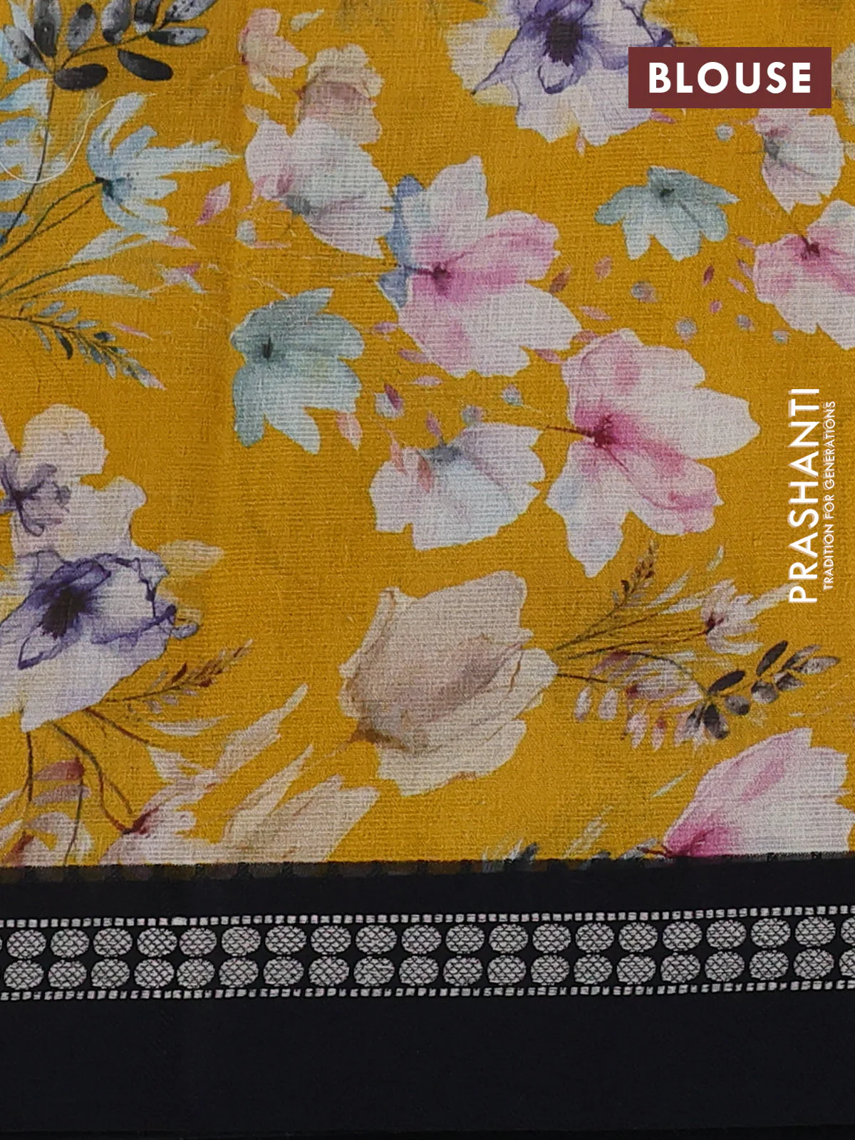 Kota silk cotton saree mustard yellow and black with allover floral digital prints and thread woven border - Image 3